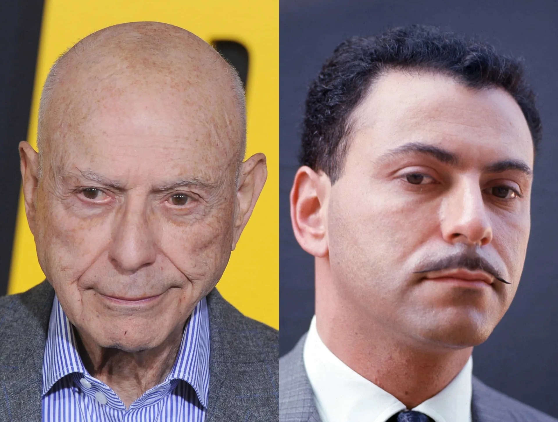 O saudoso ator Alan Arkin em sua juventude com cabelo e em seus últimos anos, já careca.