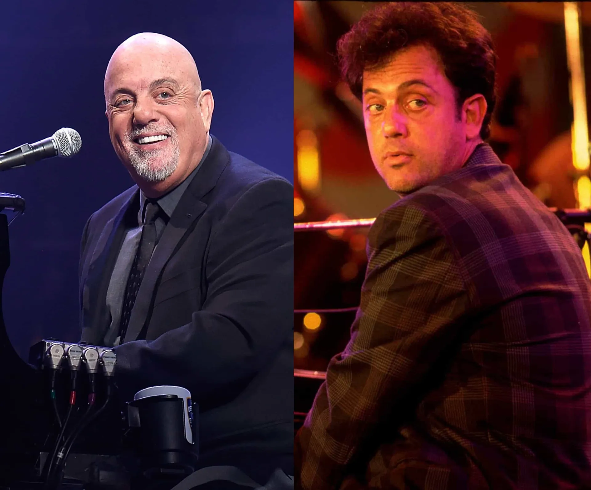 O músico Billy Joel no auge da fama com cabelos cacheados e hoje, com sua famosa careca.