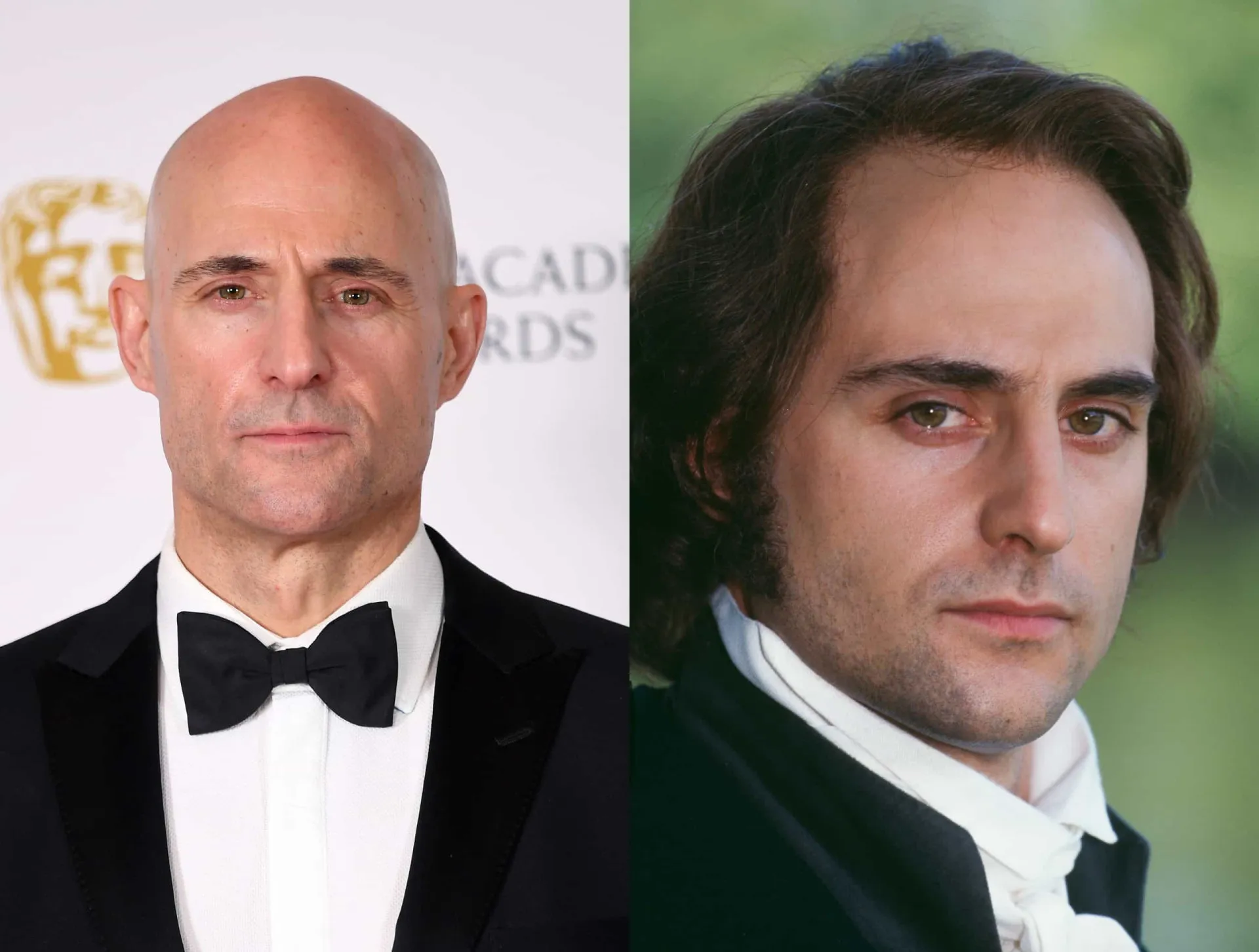 Comparação de Mark Strong com cabelo no passado e careca atualmente.
