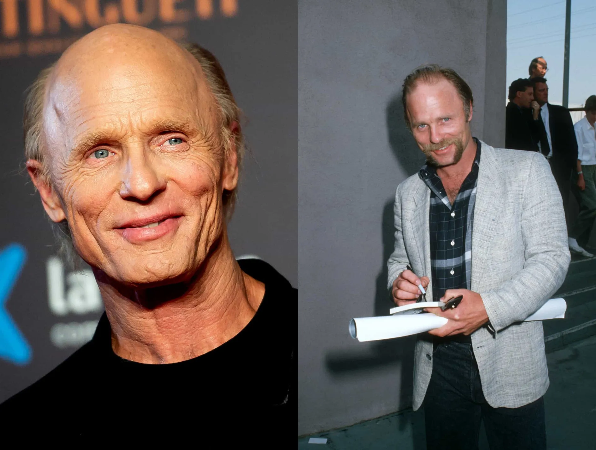 O ator Ed Harris no passado com cabelo e bigode, e atualmente com seu conhecido visual careca.