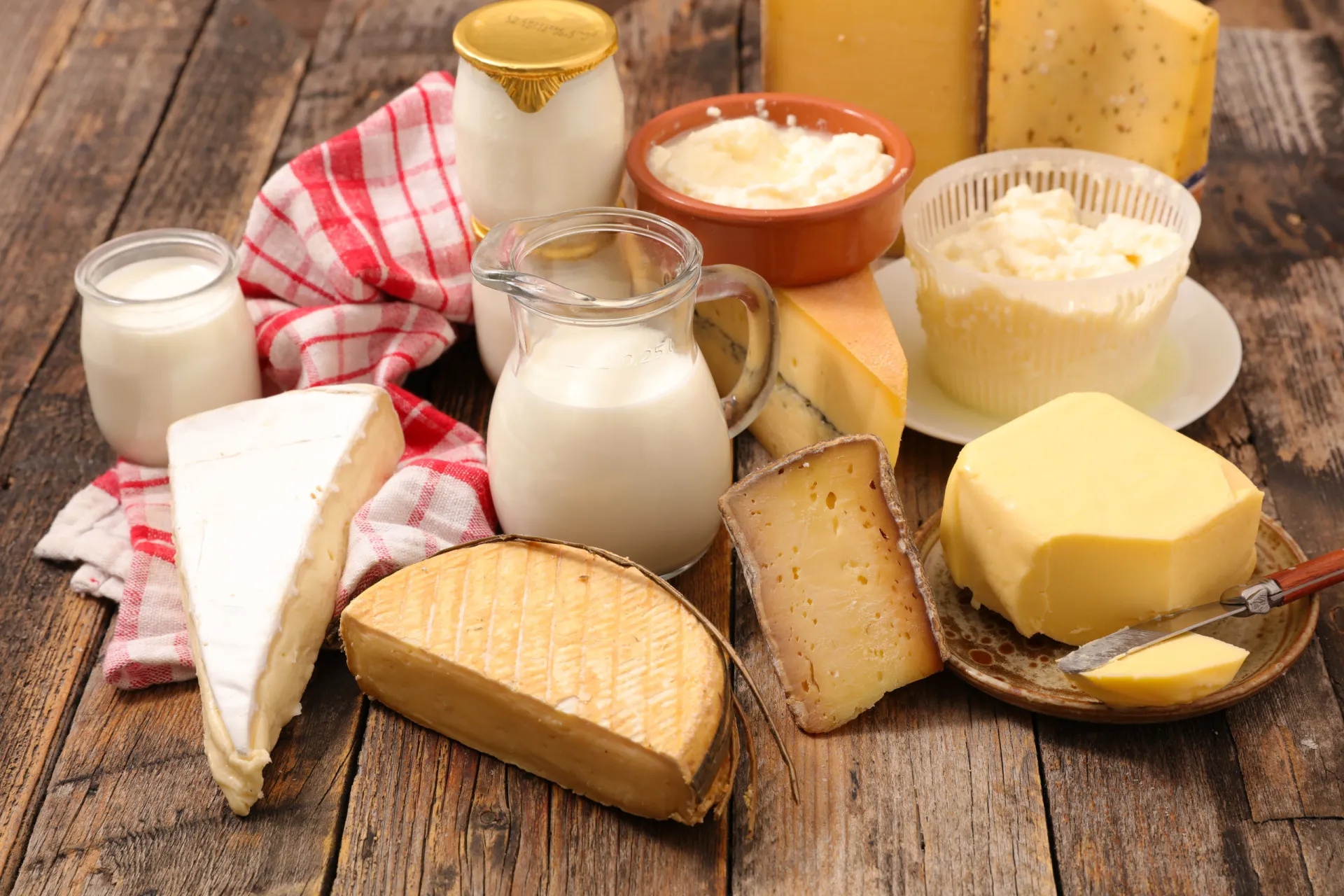 Uma variedade de produtos lácteos, como leite, queijo e iogurte.