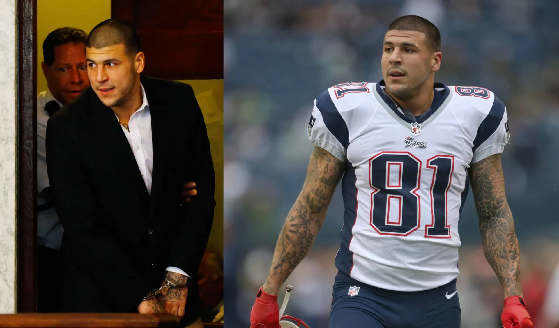 O jogador de futebol americano Aaron Hernandez em seu uniforme do New England Patriots.