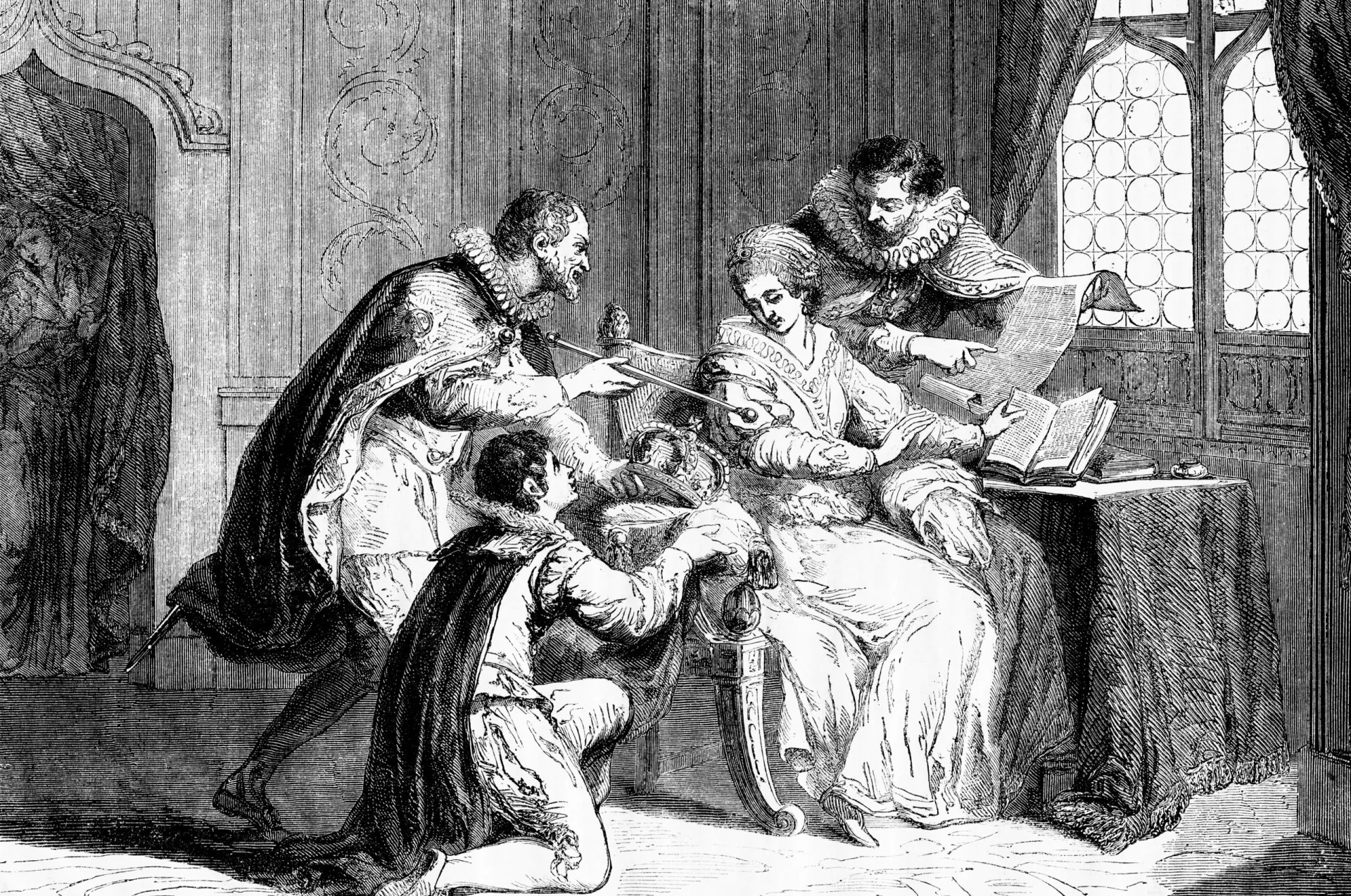 Lady Jane Grey em um momento de angústia, sentindo o peso da coroa.