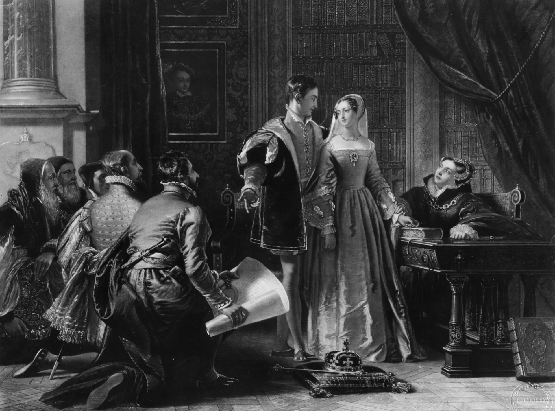 Lord Guildford Dudley ao lado de sua esposa, a Rainha Jane, esperando ser nomeado Rei.