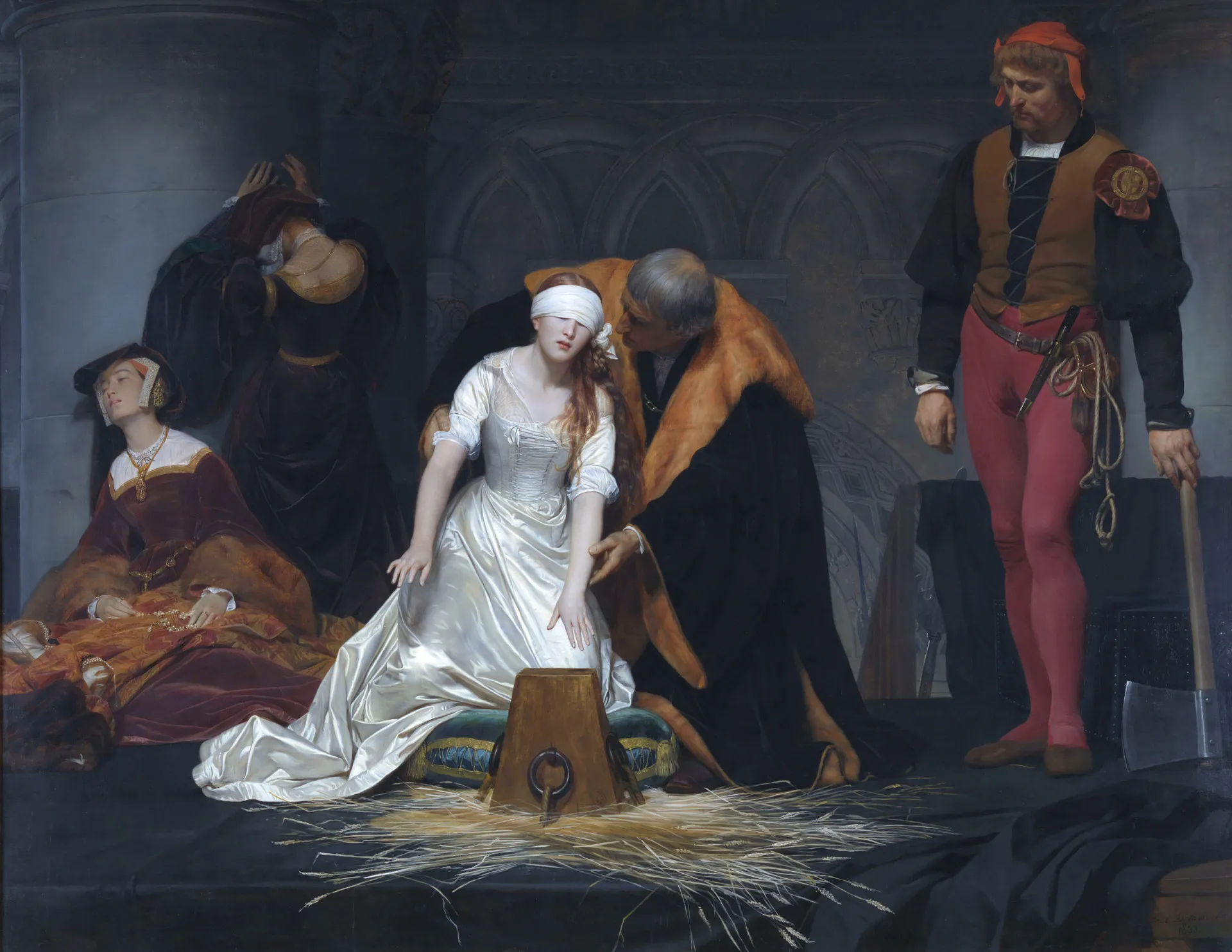 Uma pintura representando Lady Jane Grey como uma mártir protestante, com um halo de luz.