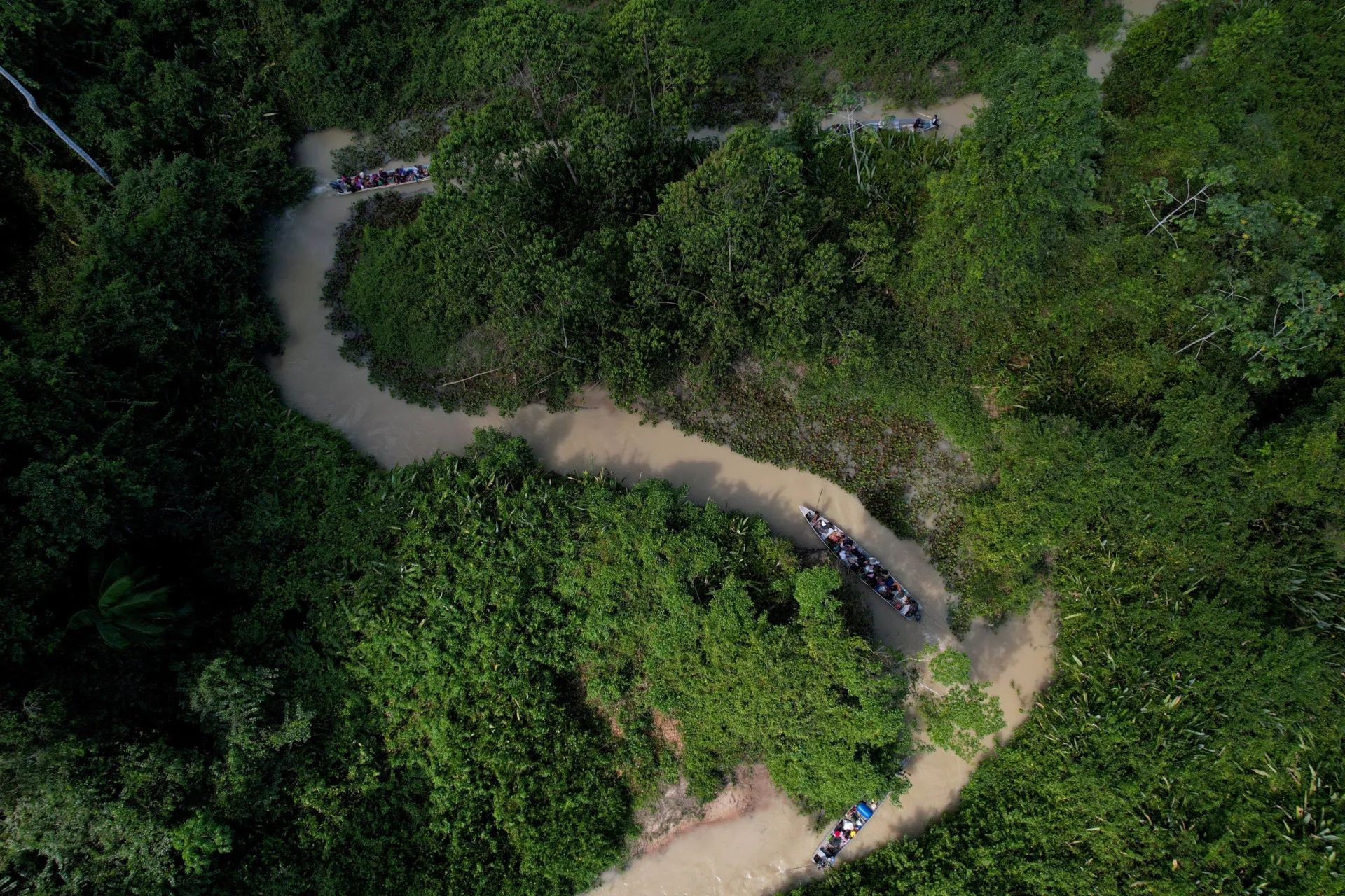 Guerreiros Munduruku caminhando em fila pela selva amazônica durante sua expedição.