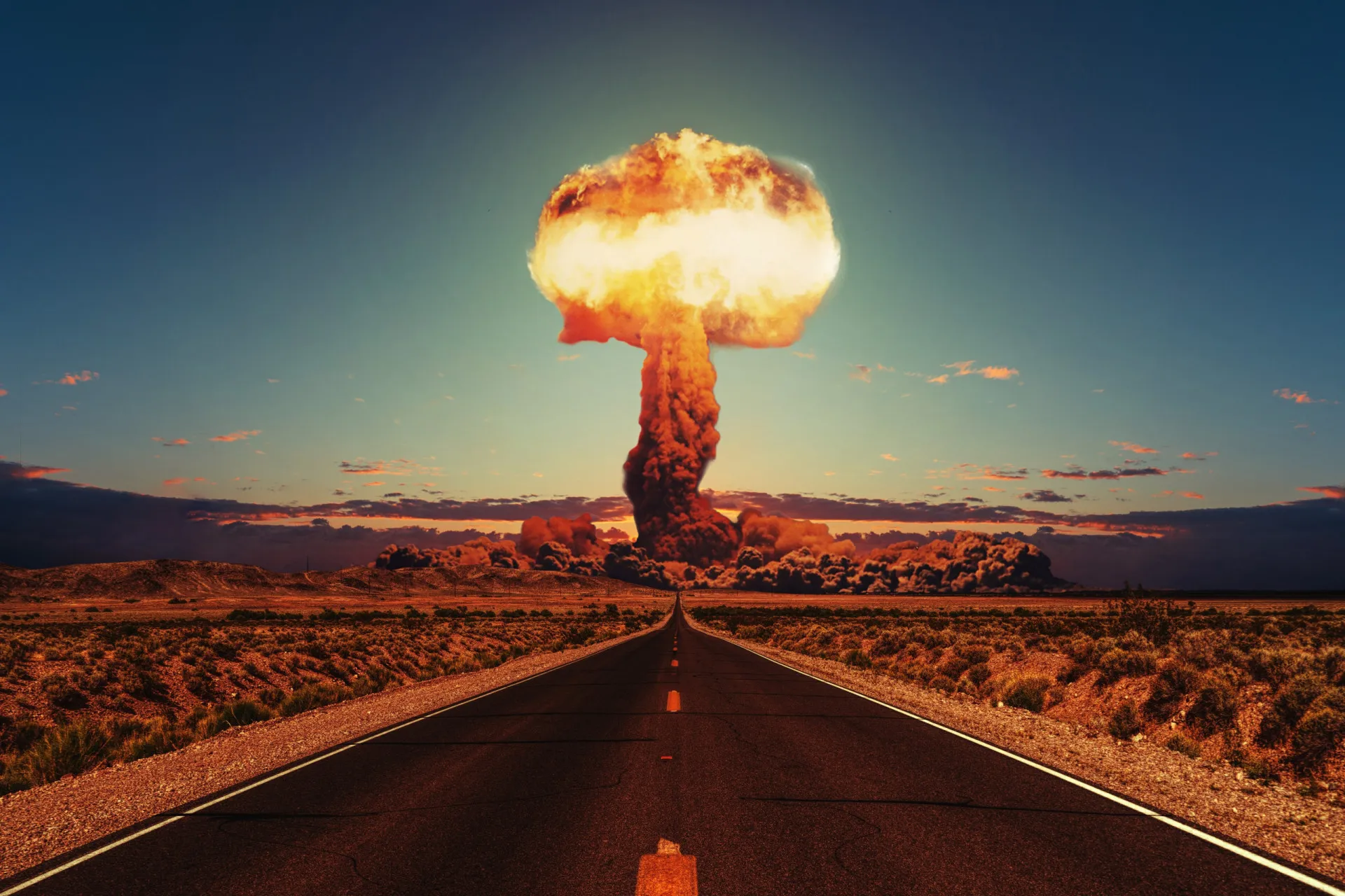 Explosão nuclear em forma de cogumelo, simbolizando a guerra mundial.