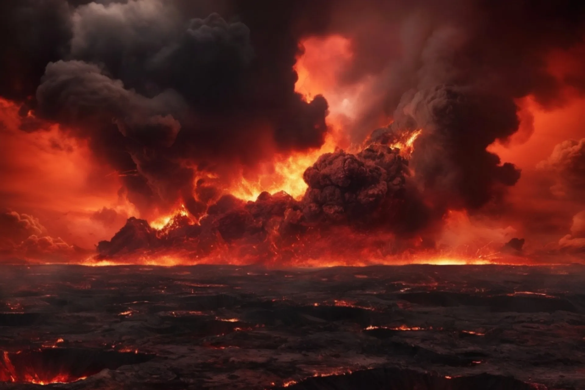 Vulcão em erupção expelindo cinzas e lava.