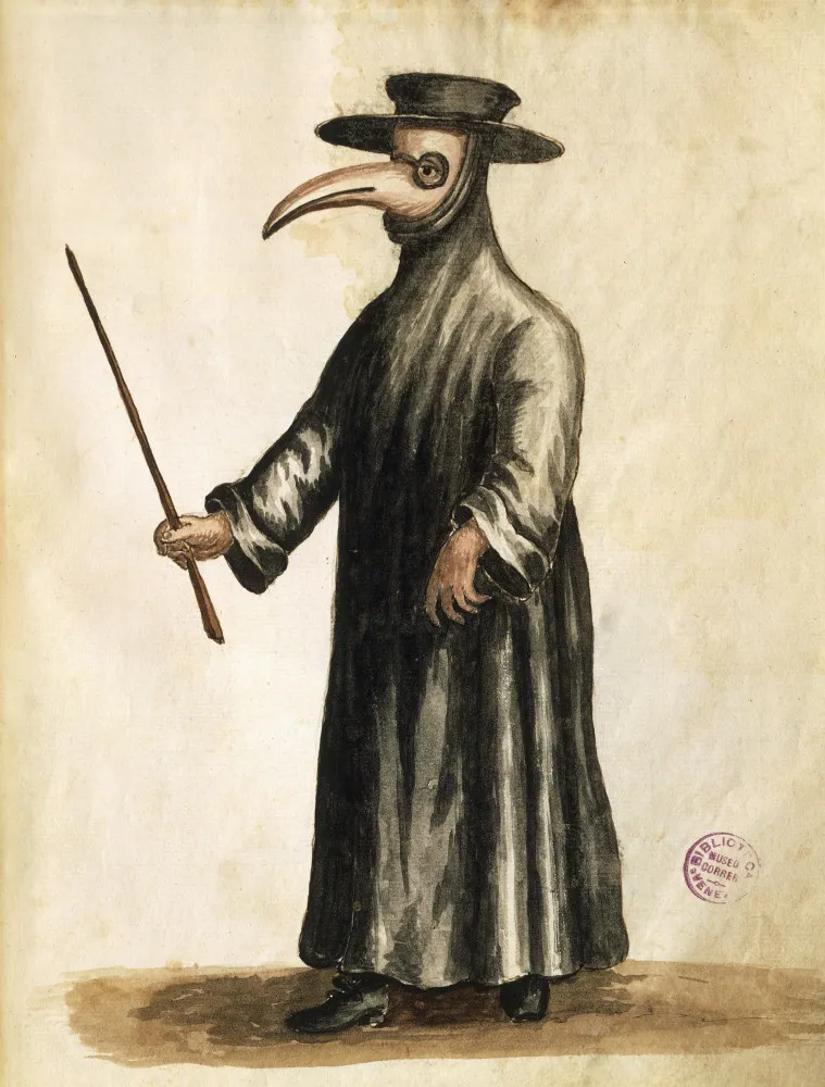 Ilustração de um médico da peste com sua máscara característica em uma cidade medieval.