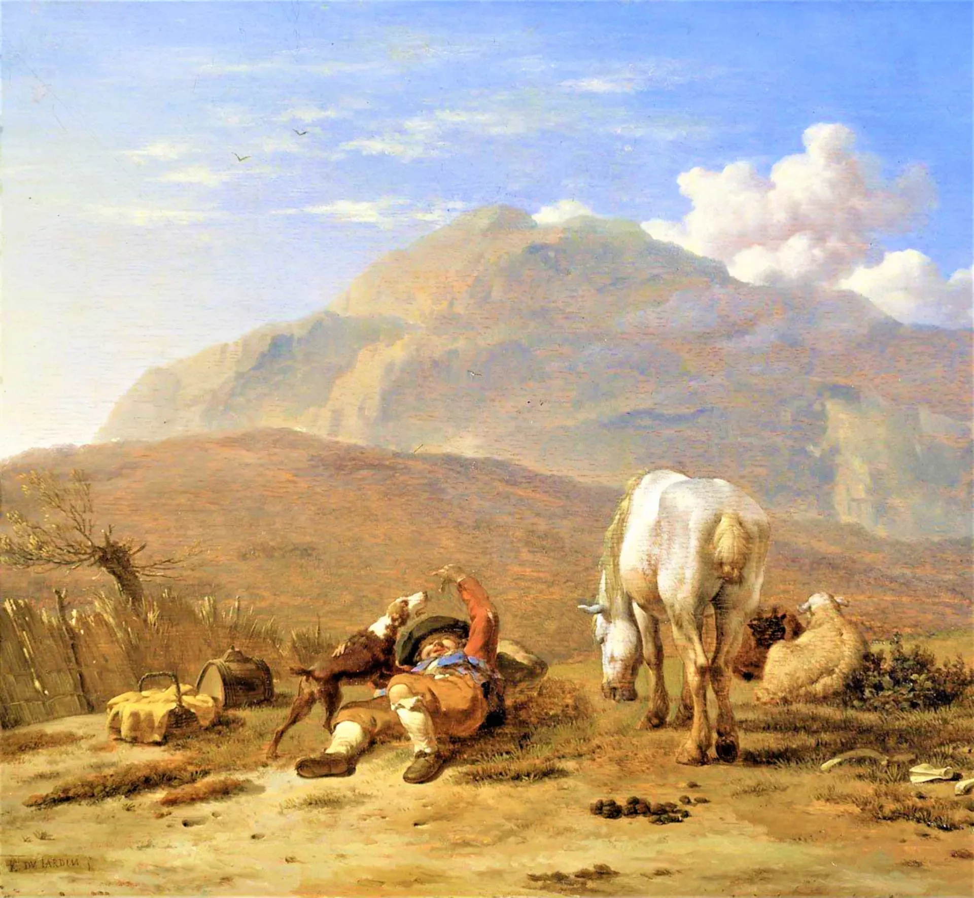 Pintura antiga retratando uma rua europeia do século XVIII sob um sol forte.