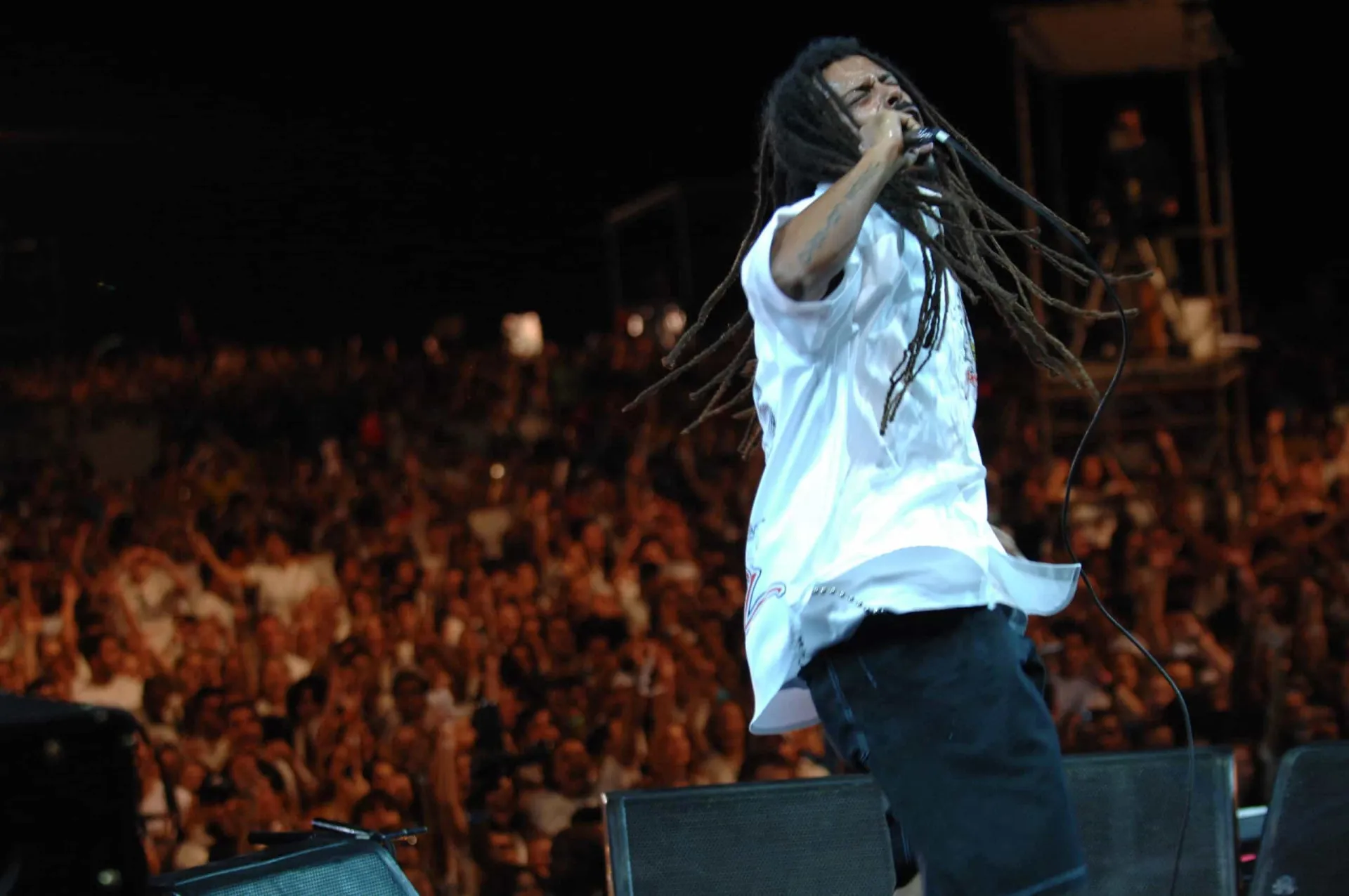 Marcelo Falcão, vocalista do Rappa, cantando com energia para uma multidão em um show.