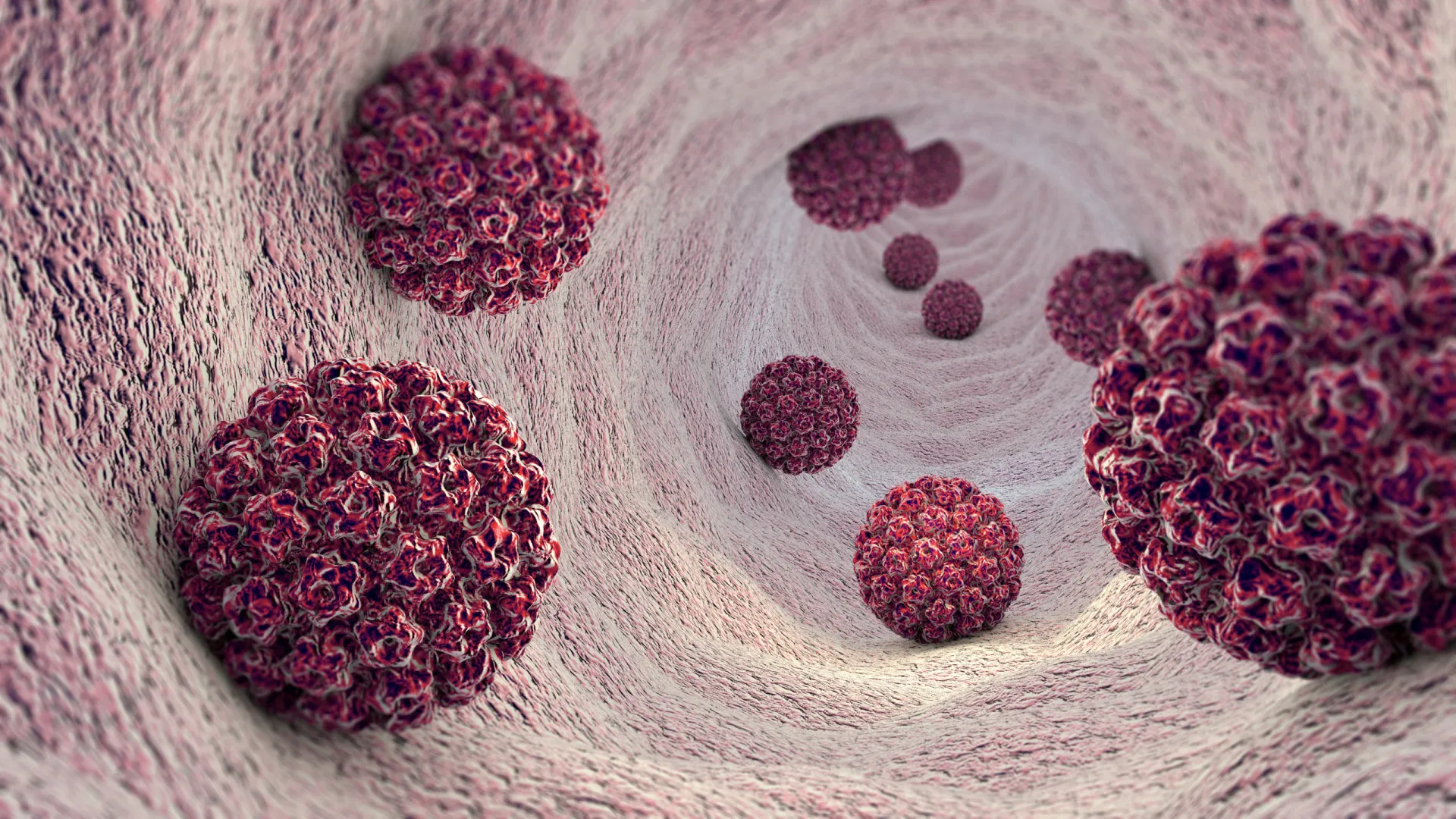 Ilustração médica mostrando o desenvolvimento de células cancerígenas no colo do útero.