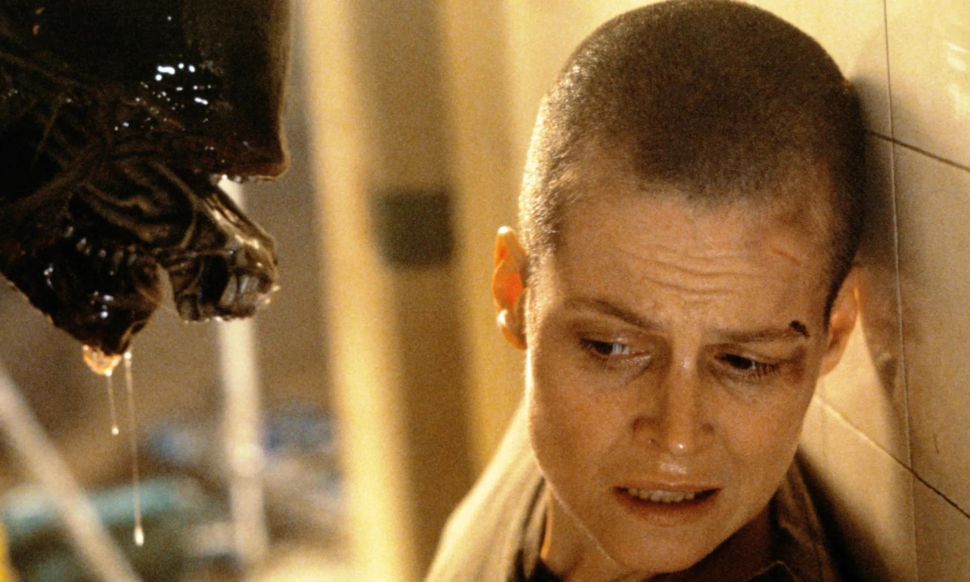 Sigourney Weaver como Ripley em 'Alien 3', com a cabeça raspada em uma das cenas mais icônicas do filme.
