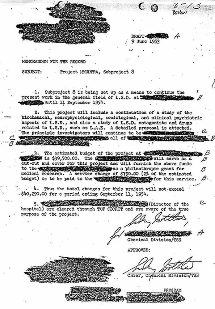 Documento oficial desclassificado sobre o projeto MK Ultra, provando sua existência.