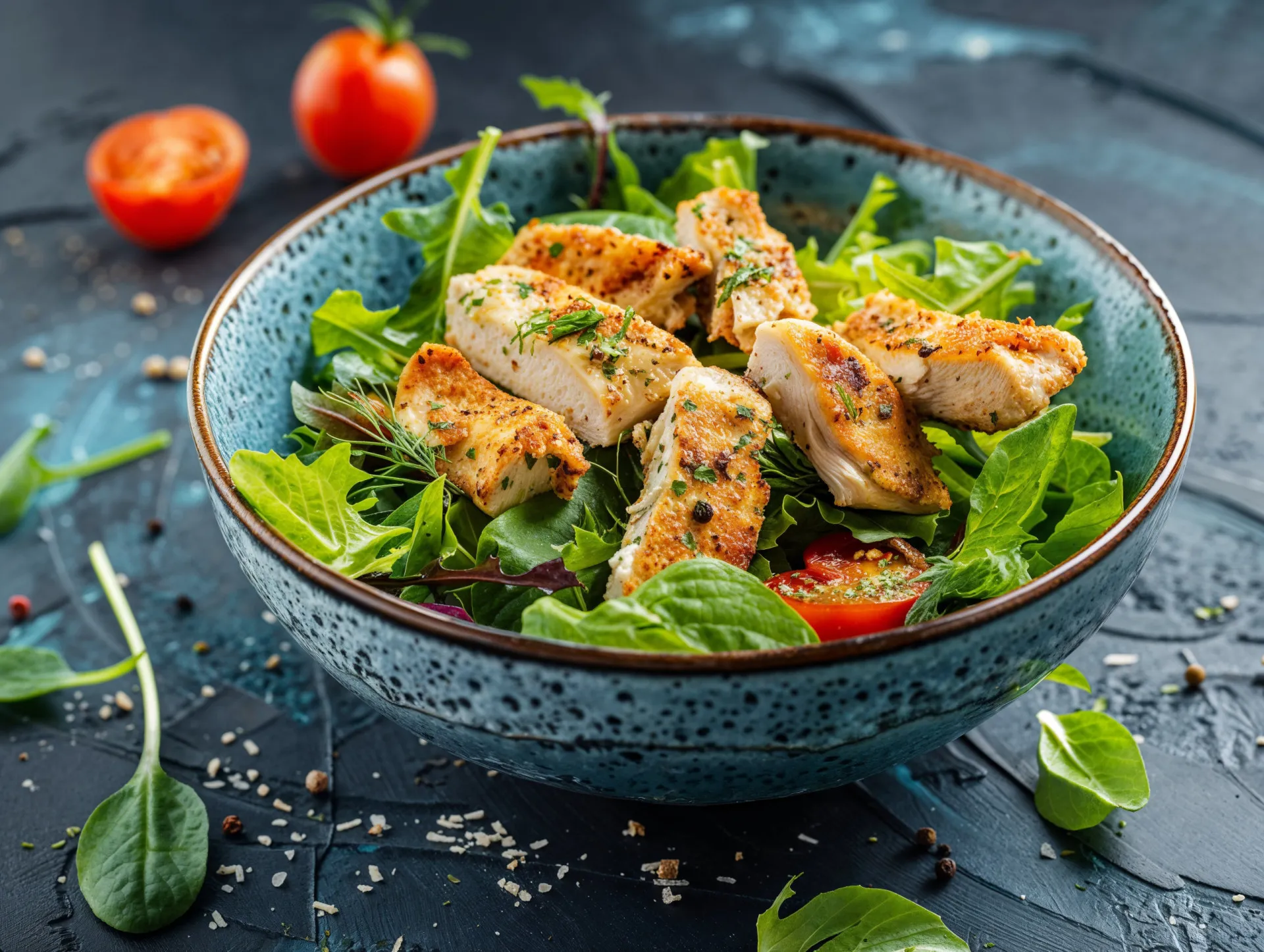 Uma variedade de fontes de proteína, como salmão, ovos, tofu e camarão, arranjadas para serem adicionadas a uma salada.