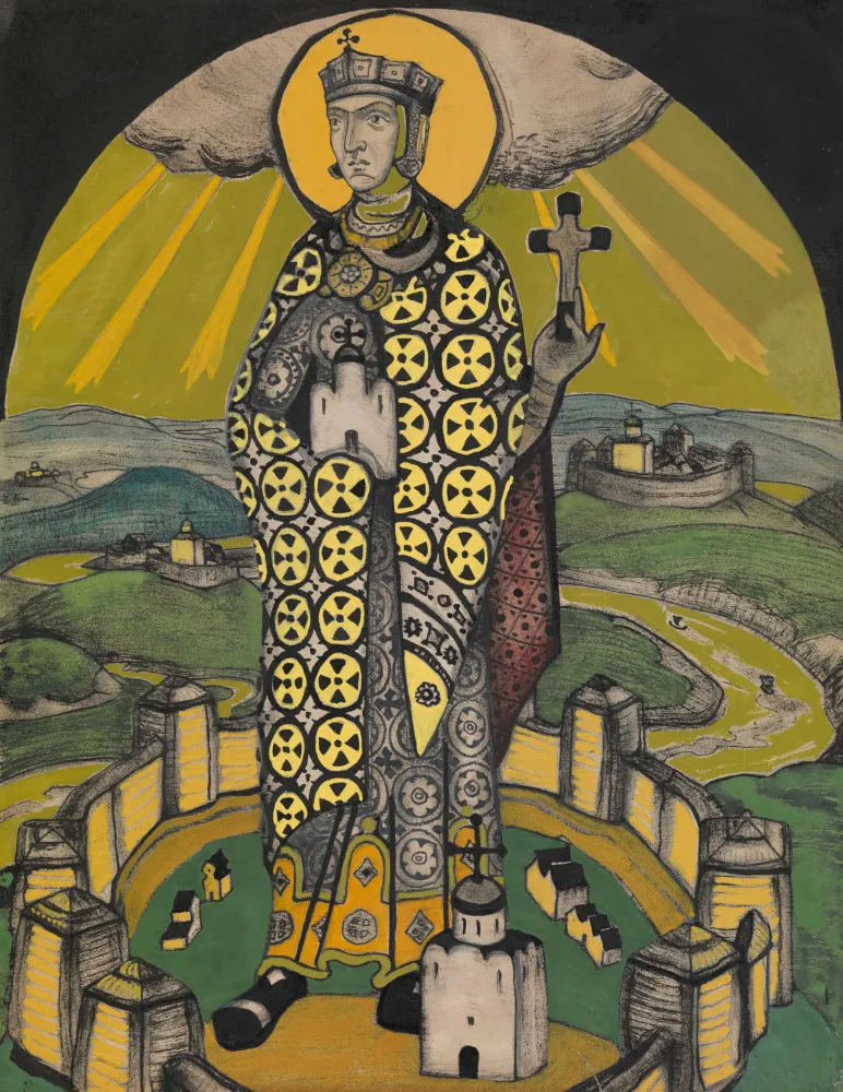 Pintura de Olga de Kiev, rainha regente com um olhar severo e poderoso.
