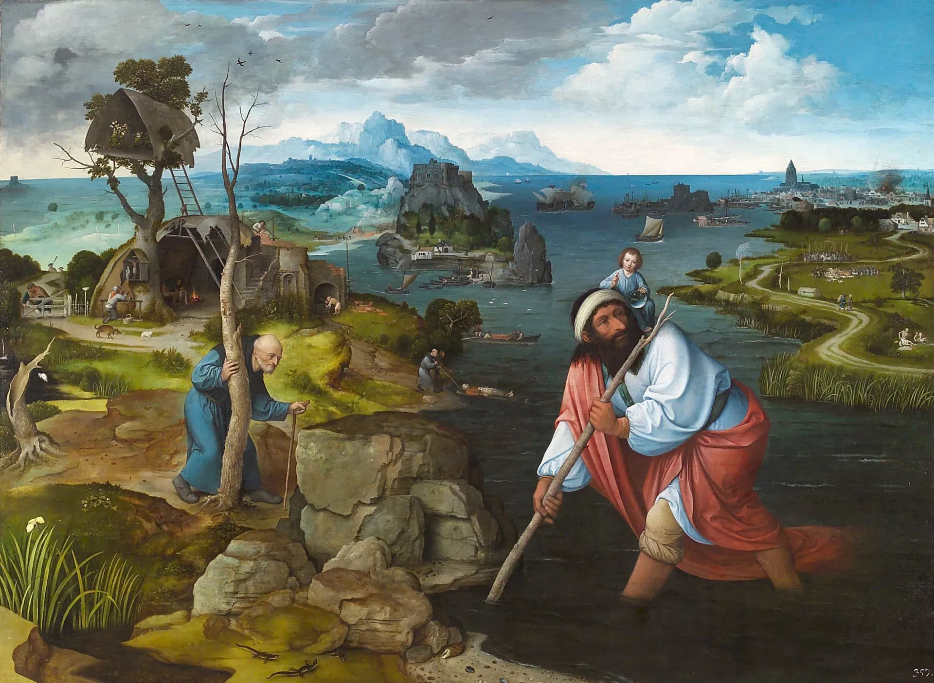 São Cristóvão carregando o menino Jesus nos ombros através de um rio.
