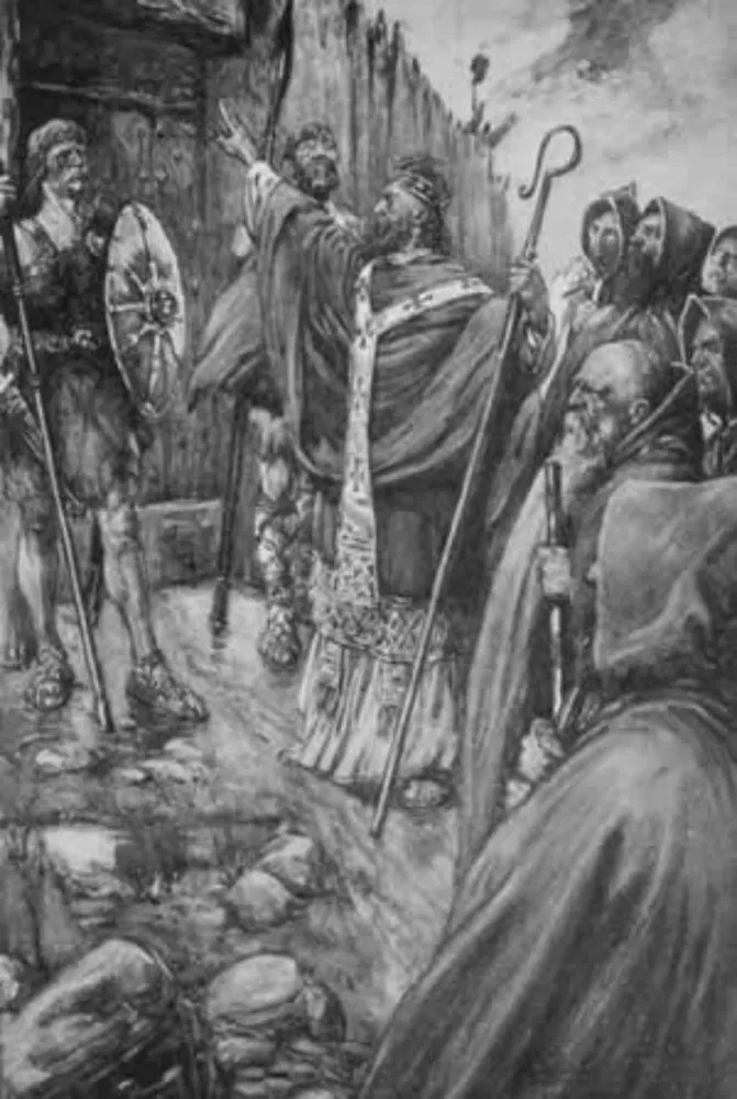Ilustração de São Columba, monge irlandês, escrevendo em um mosteiro.