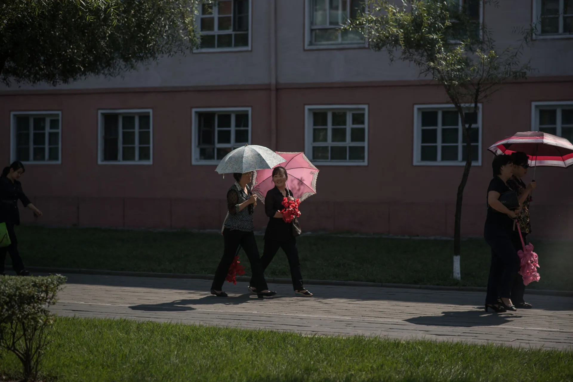 Moradores norte-coreanos usando guarda-chuvas coloridos para se proteger do sol em uma rua de Pyongyang.