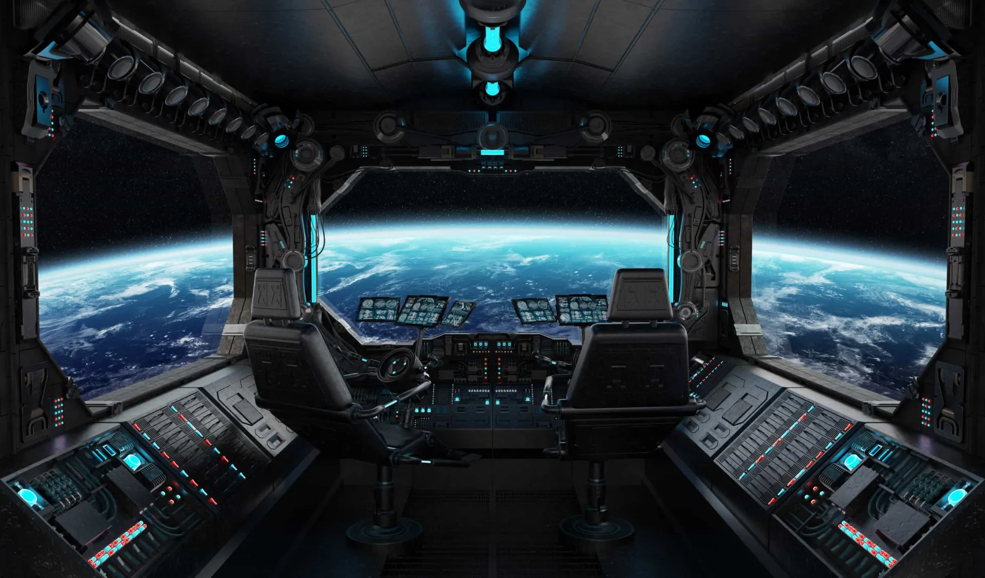 Visão do espaço com planetas e nebulosas, como se estivesse olhando pela janela de uma nave.