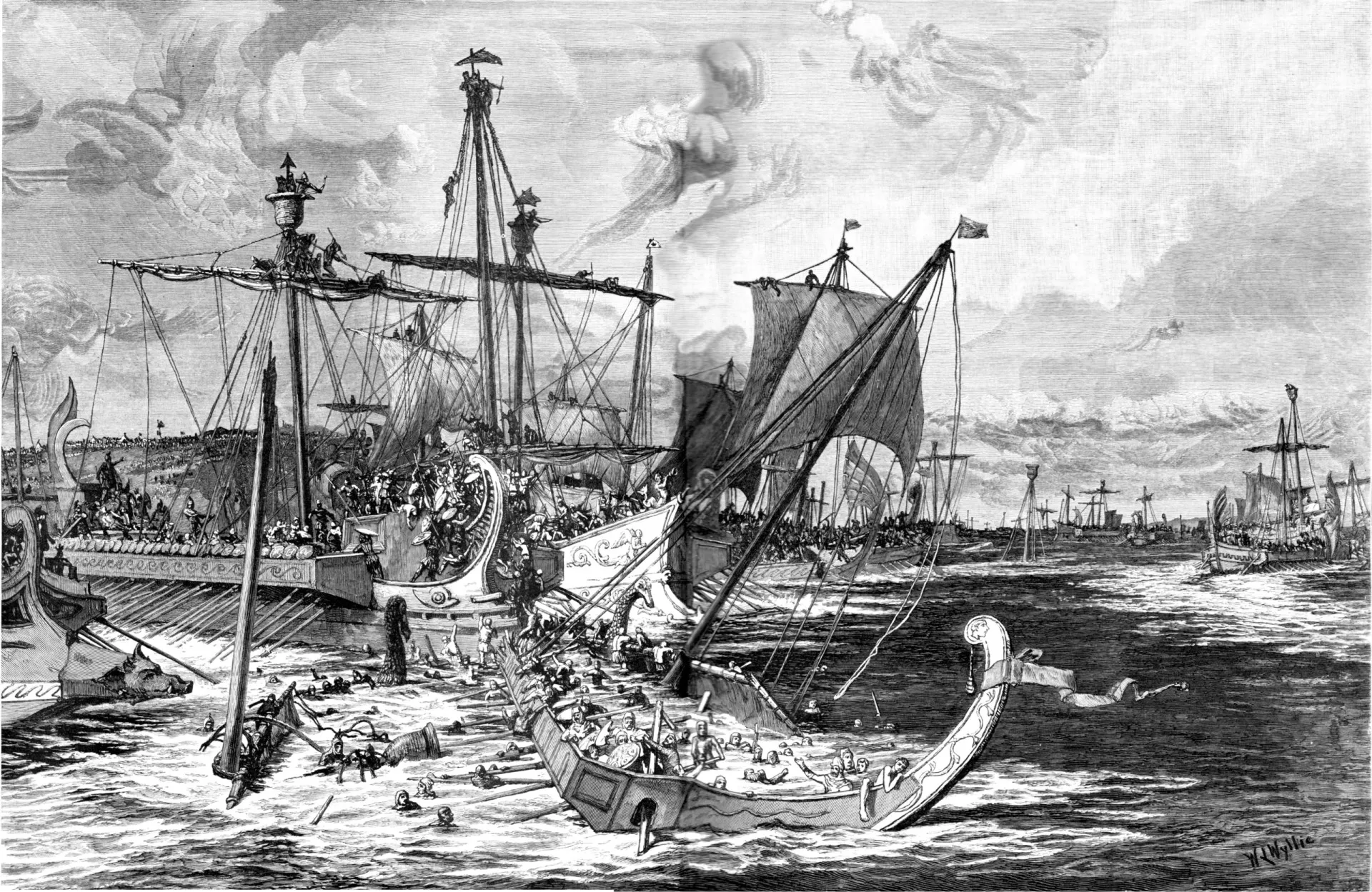 Pintura antiga de um navio em um mar agitado, representando o enjoo do mar.