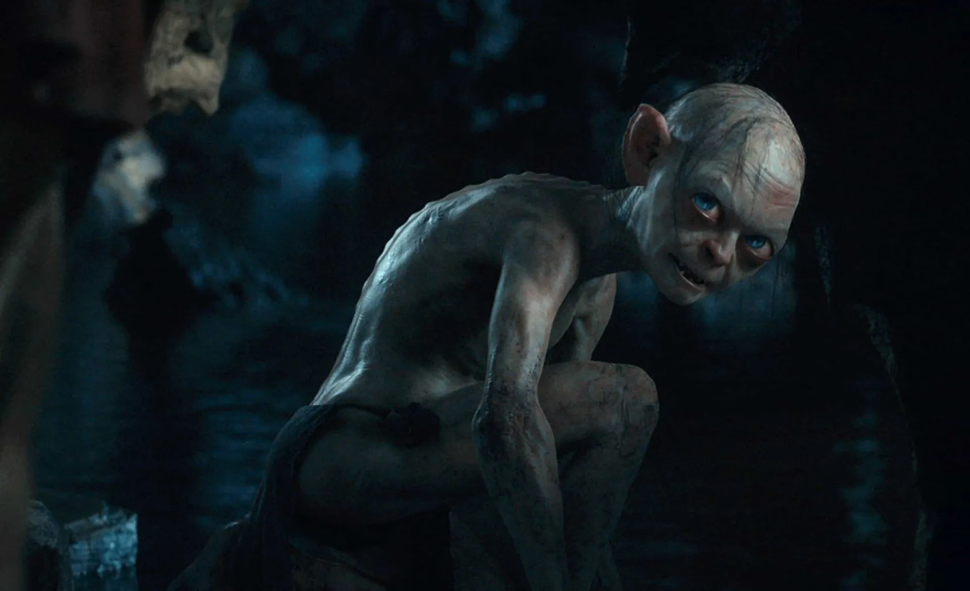 Andy Serkis atuando como Gollum no set de 'O Senhor dos Anéis'.