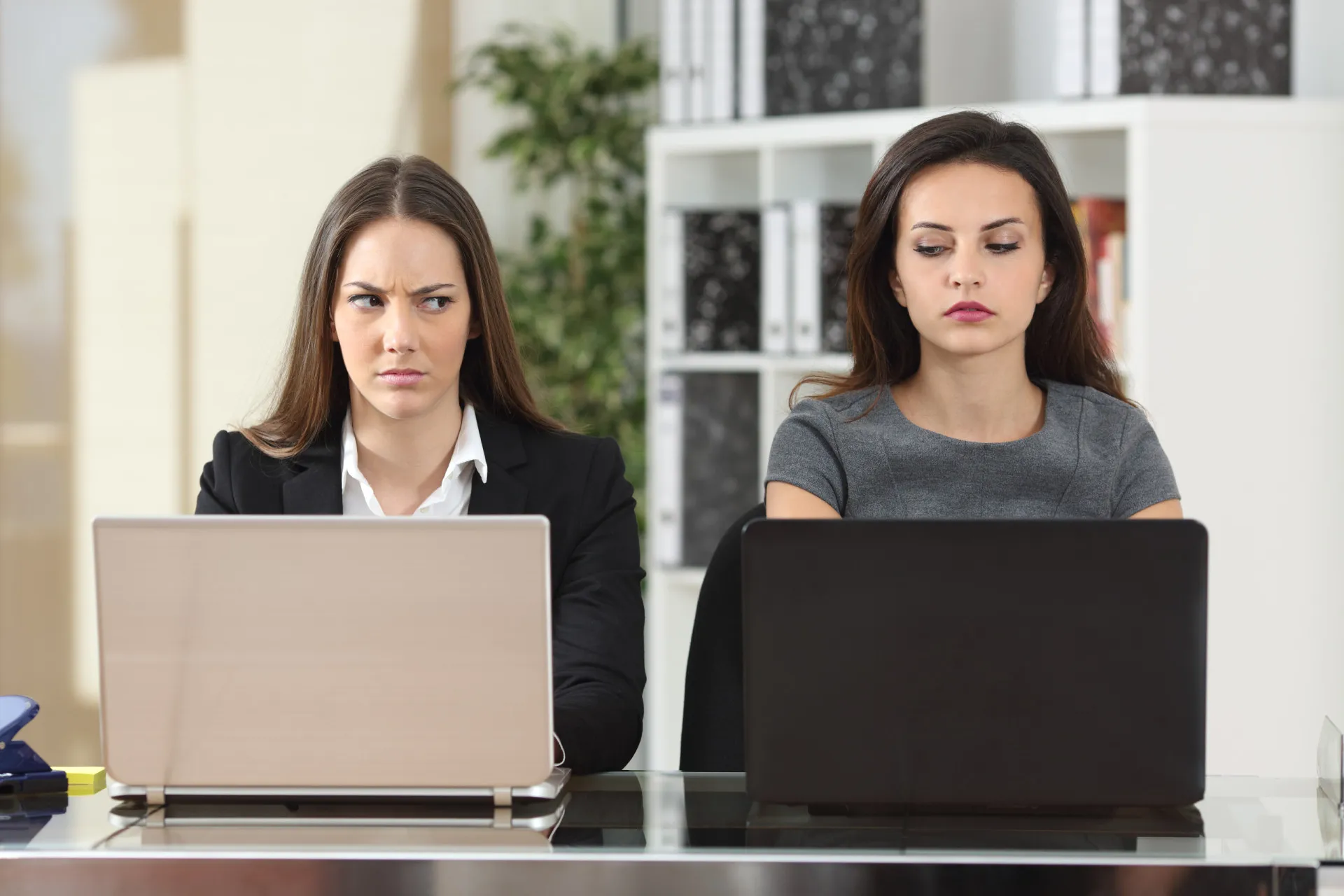 Dois colegas de trabalho discutindo de forma acalorada no escritório.