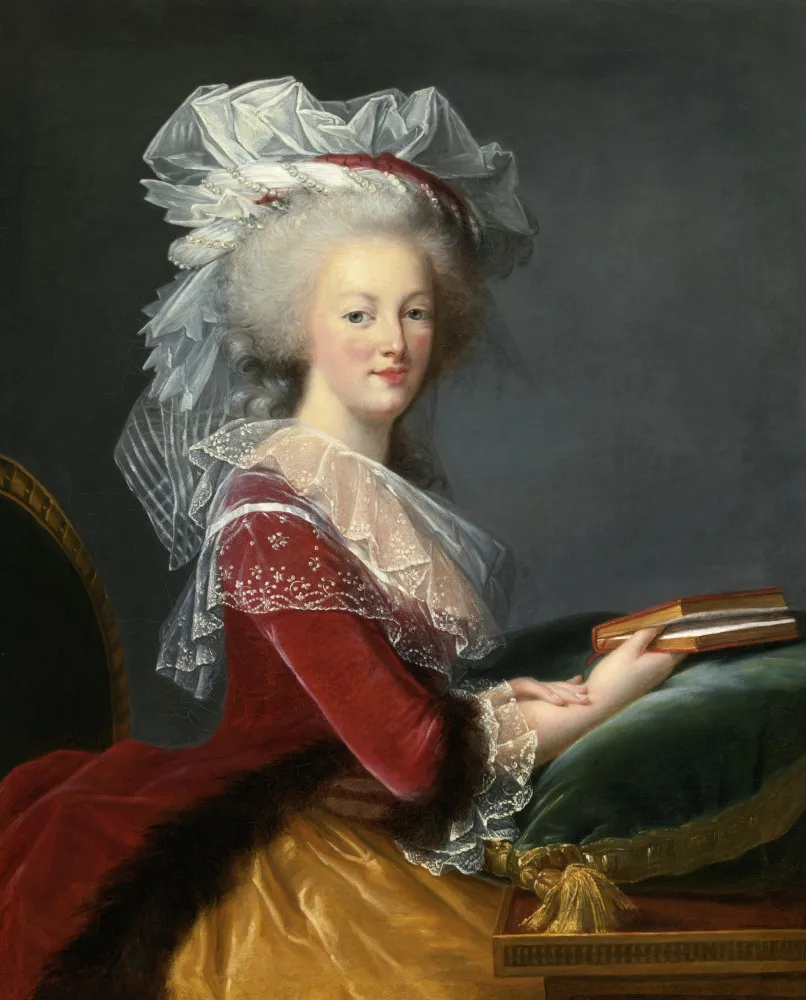 Pintura de Maria Antonieta, a rainha da França, com um vestido suntuoso e penteado elaborado.