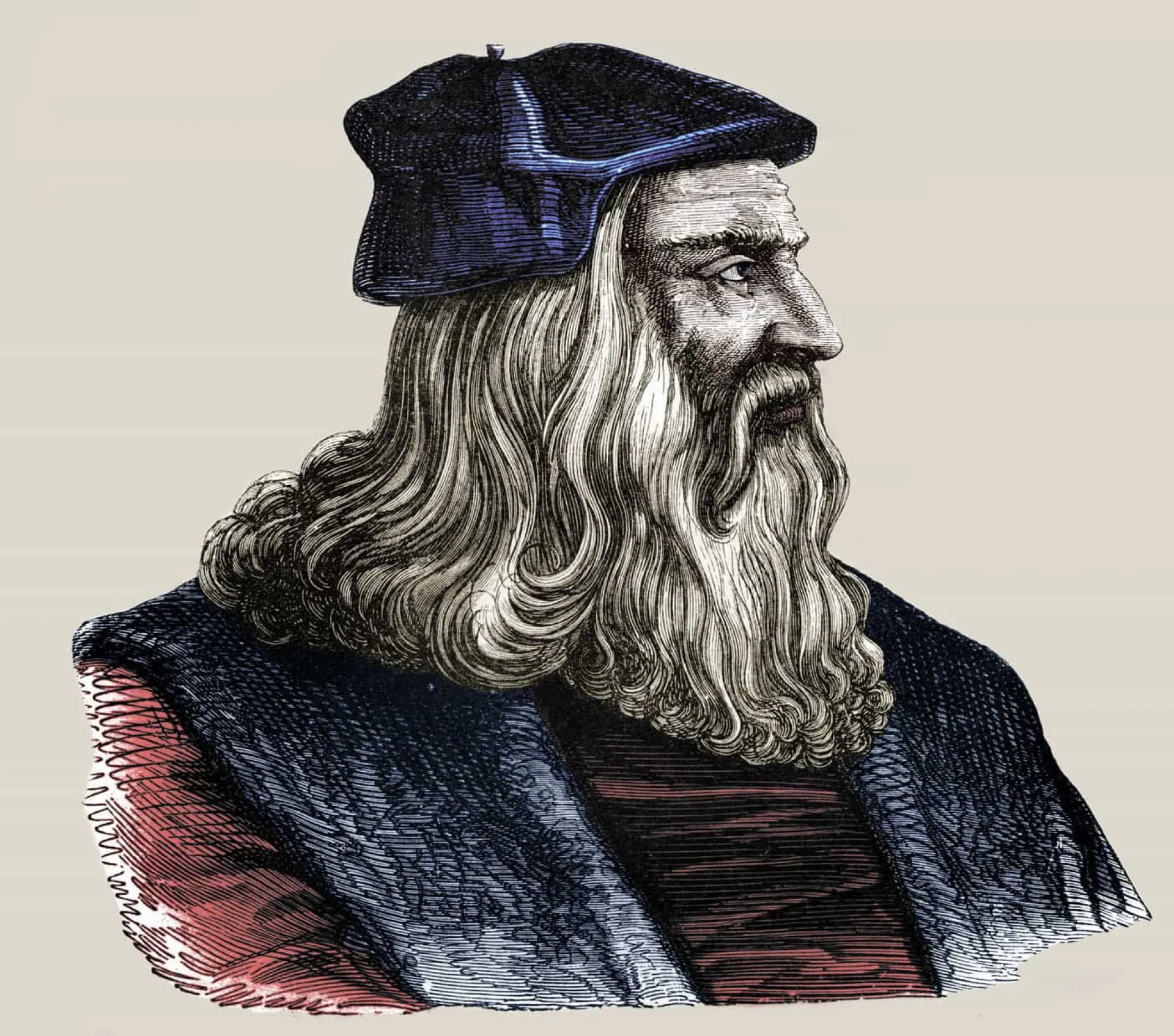 Autorretrato de Leonardo da Vinci na velhice, mostrando um homem de barba longa e olhar sábio.