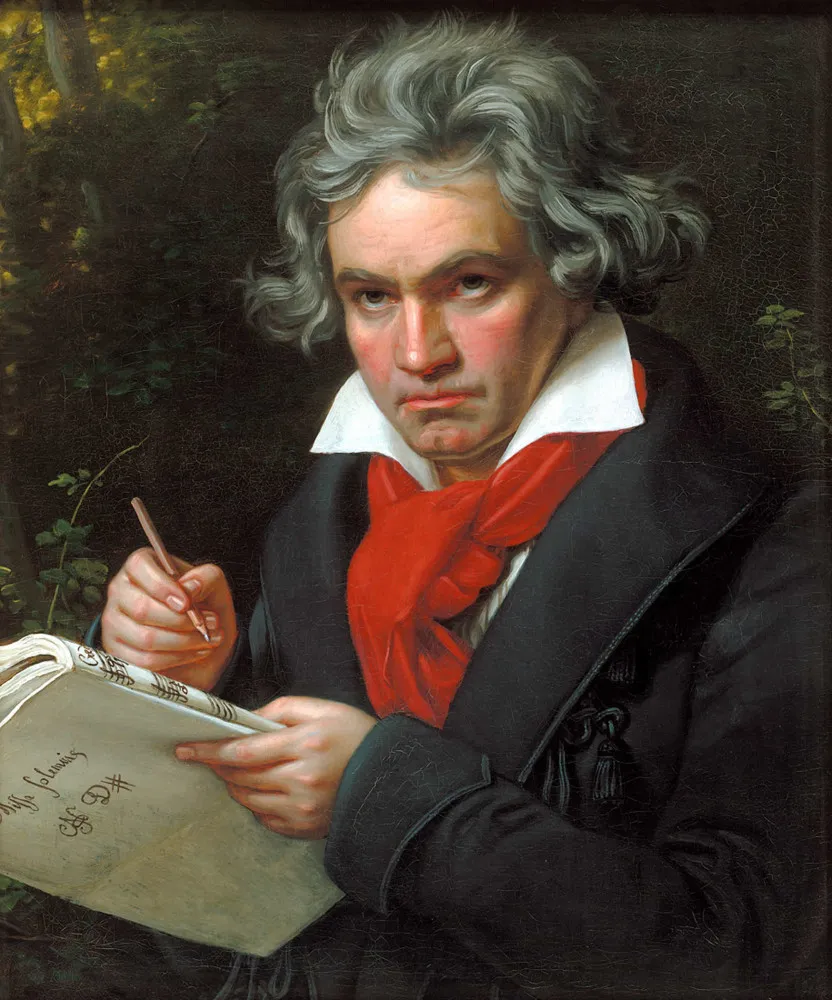 Pintura de Ludwig van Beethoven, o genial compositor alemão, com uma expressão intensa.