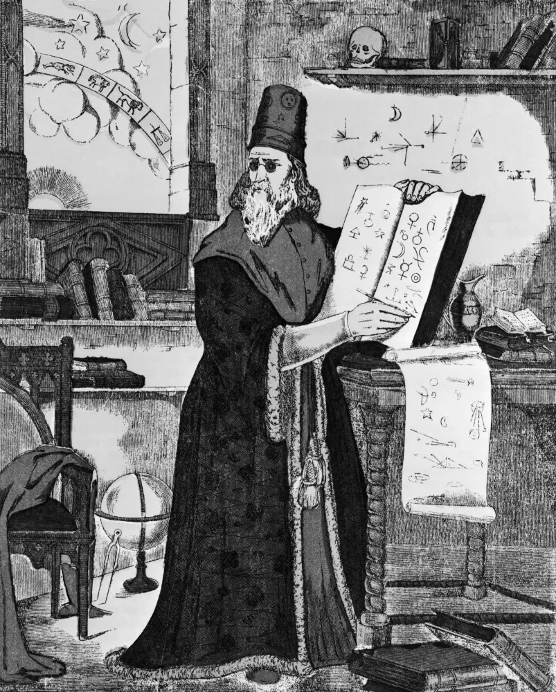Ilustração antiga de Nostradamus, o famoso astrólogo francês, com vestes de época e olhar sábio.