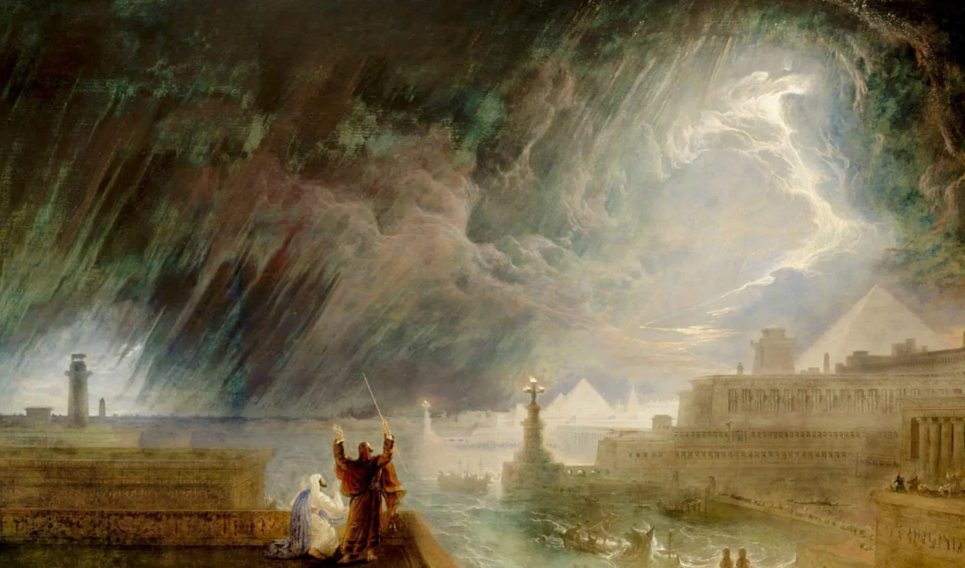 Pintura histórica mostrando uma tempestade de granizo e fogo caindo do céu.