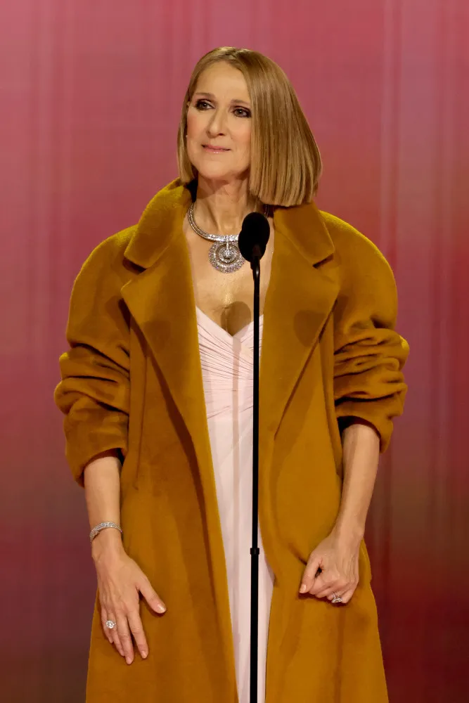 Celine Dion se apresentando no palco com sua característica expressão emotiva e gestos largos.