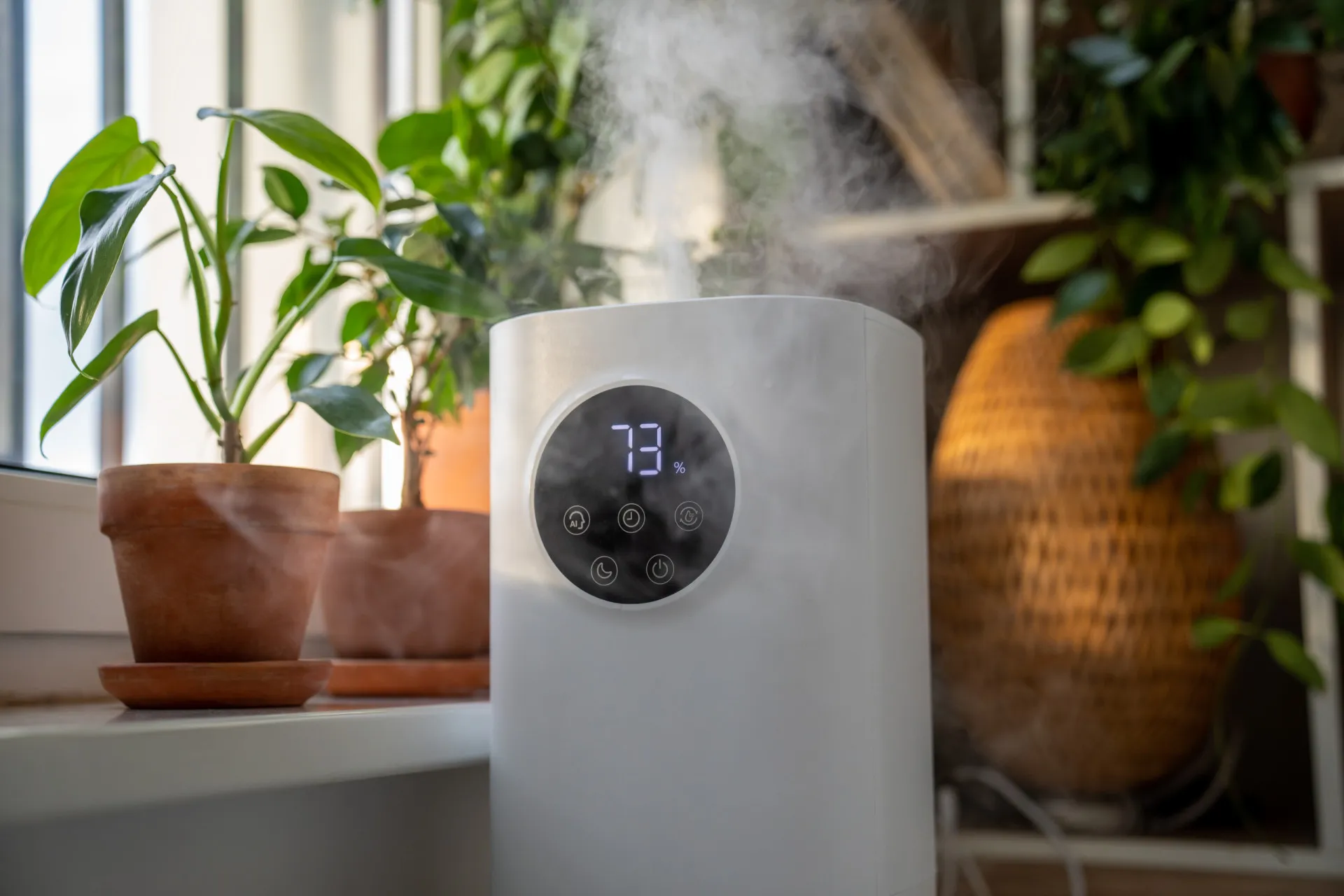 Umidificador de ar funcionando em um quarto, liberando uma névoa de vapor.