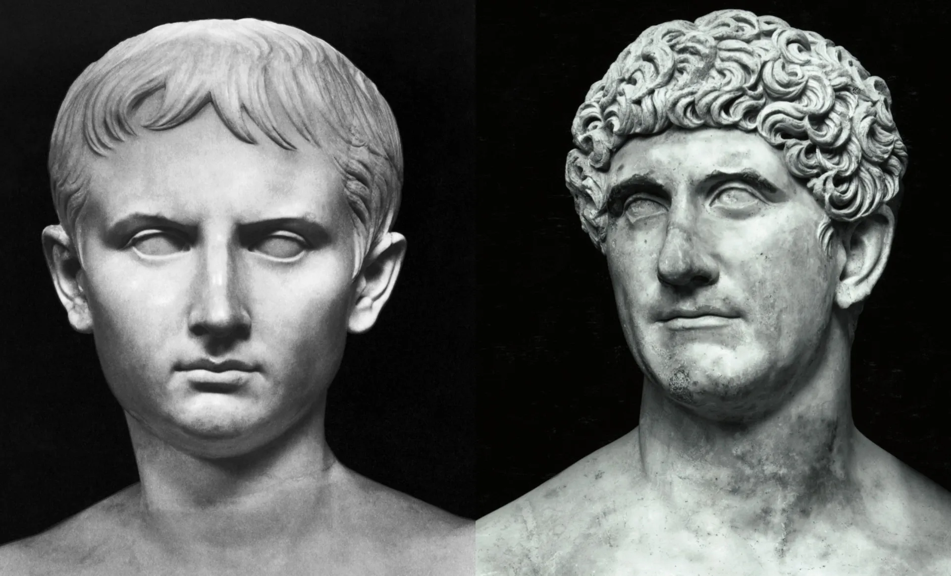 Bustos de mármore de Augusto (Otaviano) e Marco Antônio, rivais na Roma Antiga.