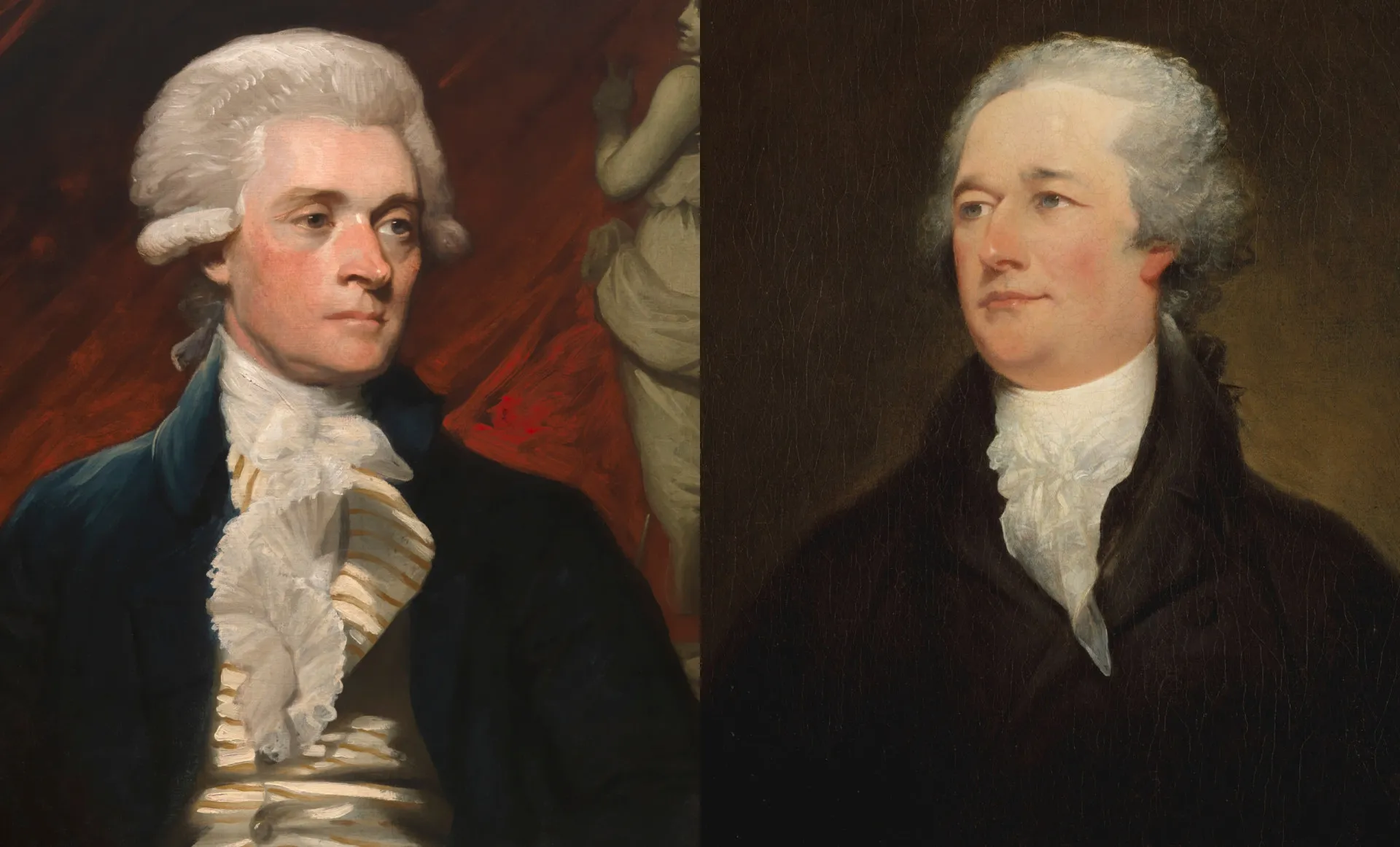 Retratos lado a lado de Thomas Jefferson e Alexander Hamilton, os Pais Fundadores dos EUA.