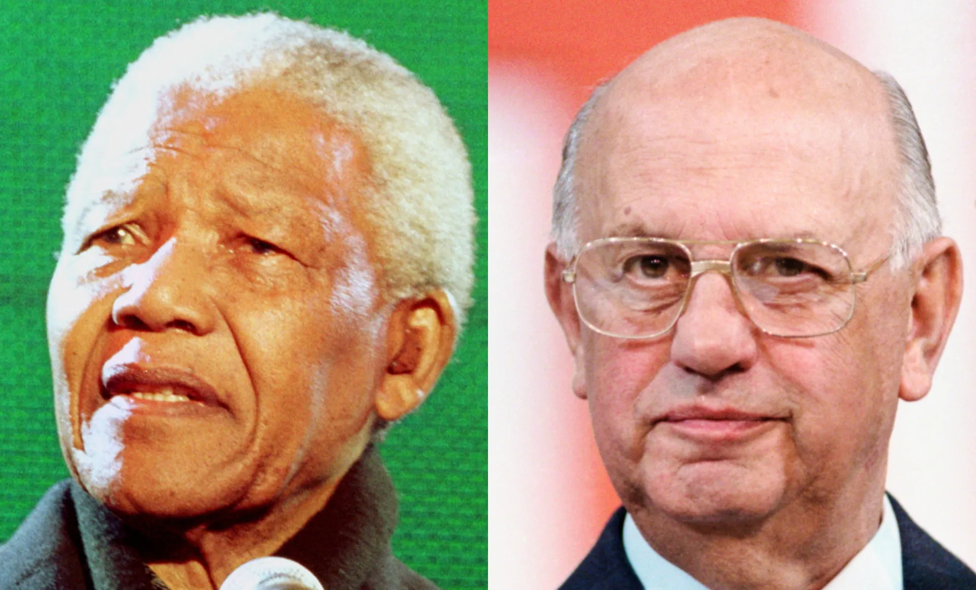 Close-up do aperto de mão entre Nelson Mandela e P.W. Botha, um gesto de reconciliação.