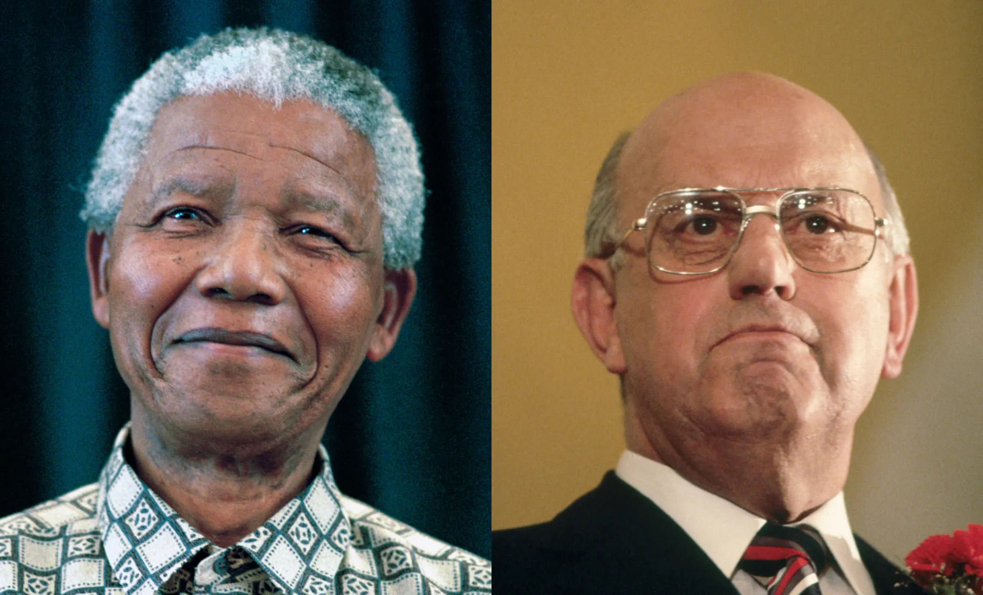 Foto de Nelson Mandela ao lado de P.W. Botha, seu antigo carcereiro, durante um encontro histórico.