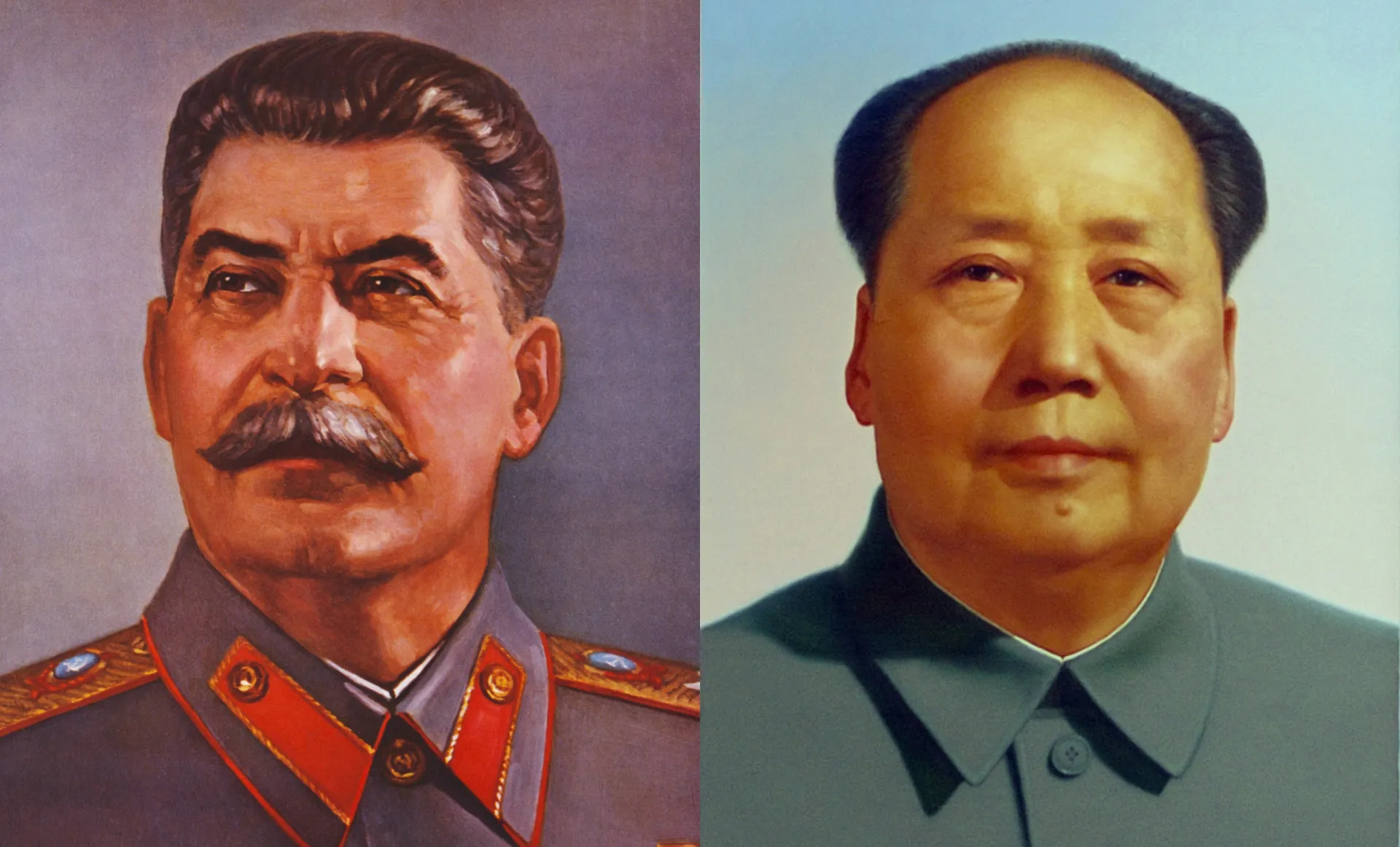 Joseph Stalin e Mao Zedong juntos em um encontro oficial, ambos com expressões sérias.
