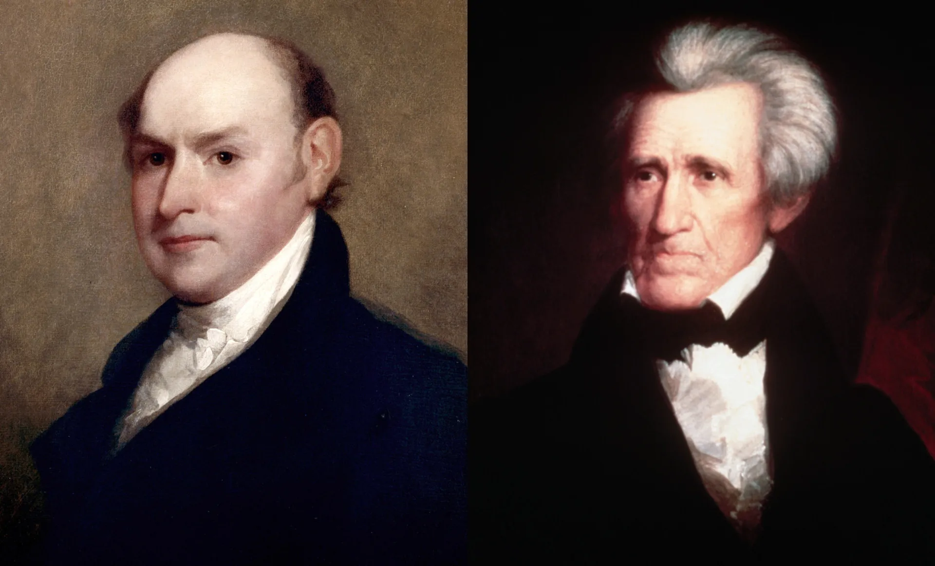 Montagem com os retratos de John Quincy Adams e Andrew Jackson, dois presidentes rivais.