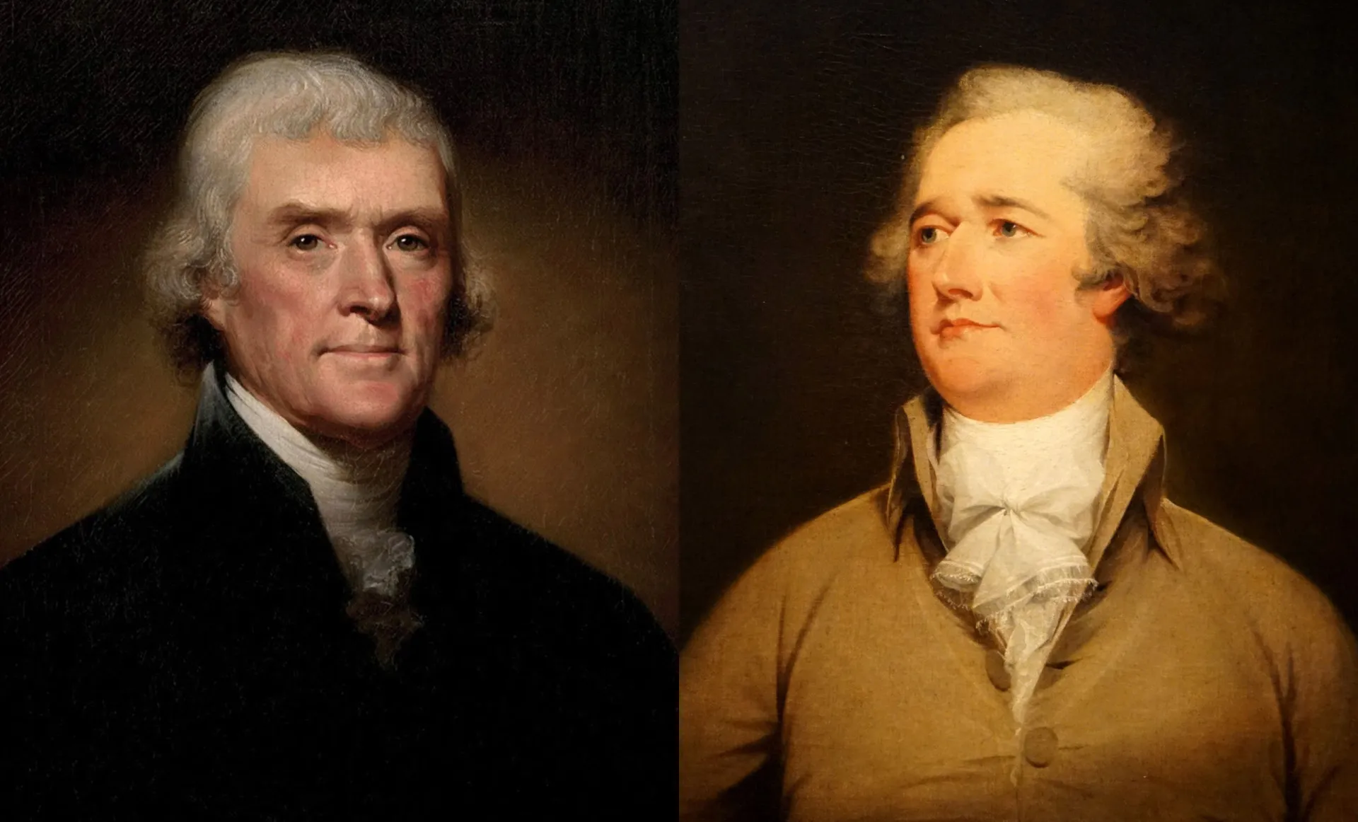 Pintura histórica representando uma reunião entre George Washington, Thomas Jefferson e Alexander Hamilton.