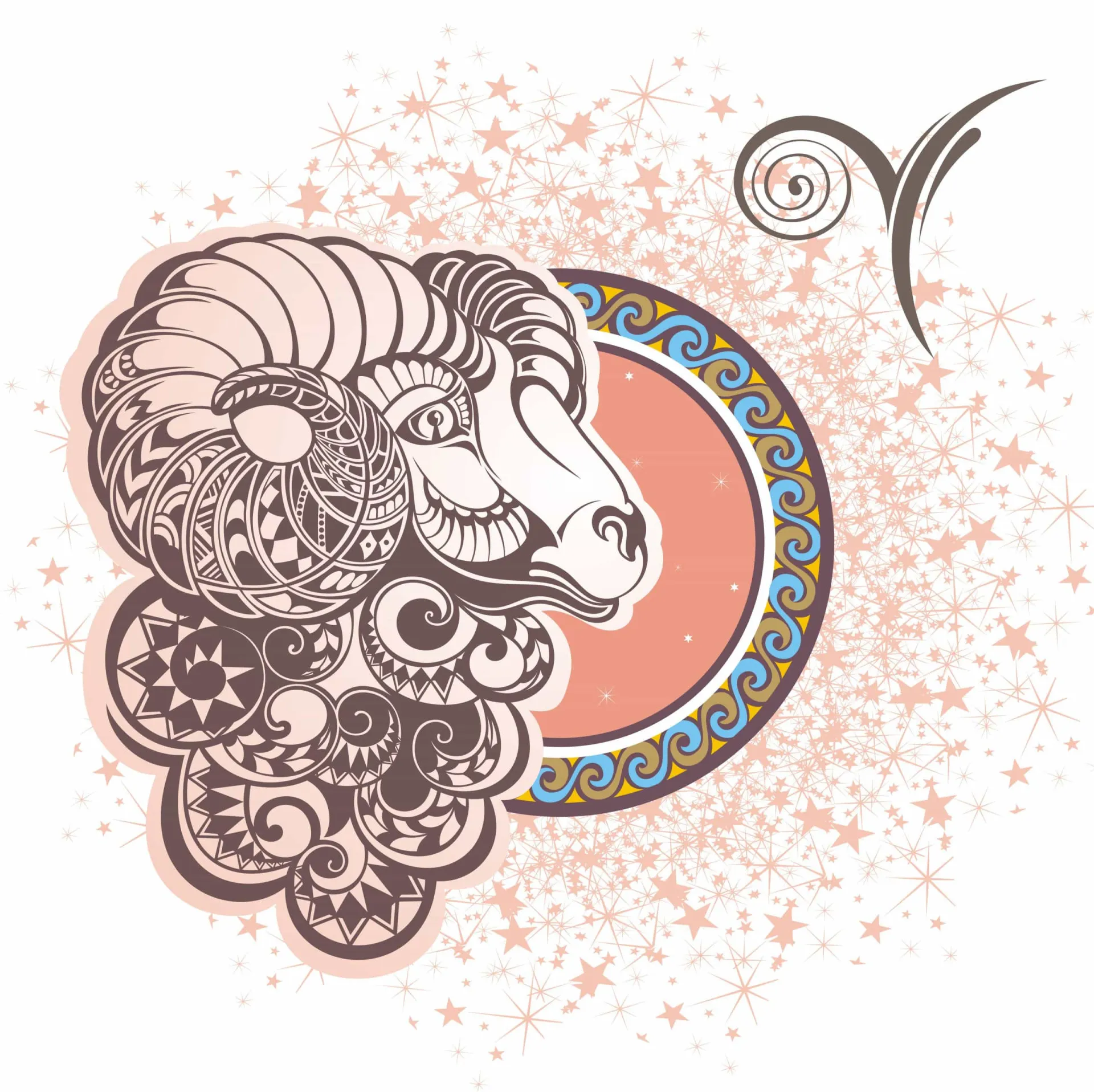 Símbolo astrológico do signo de Áries sobre um fundo cósmico.