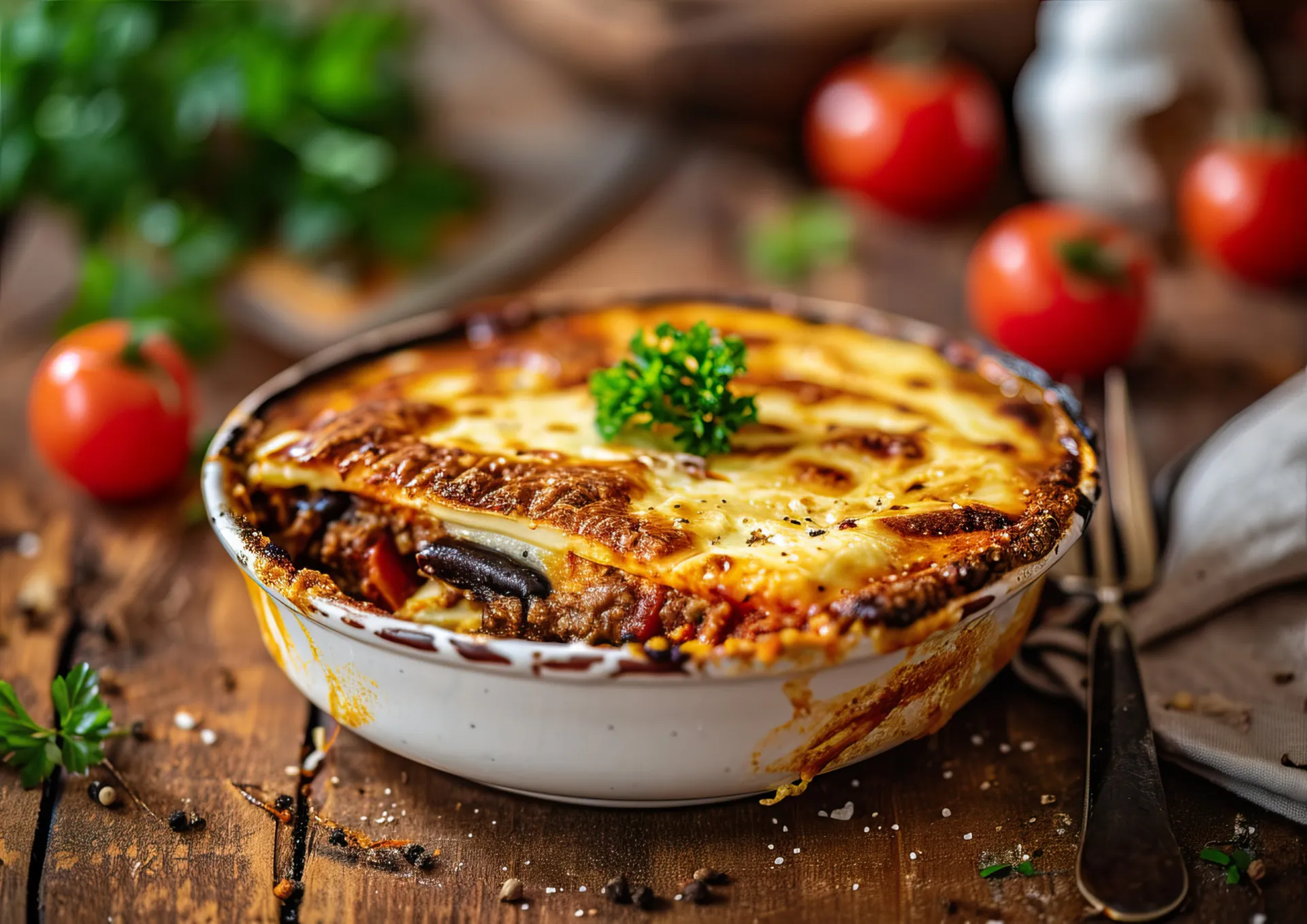 Prato de moussaka grega, uma caçarola de berinjela e carne moída.