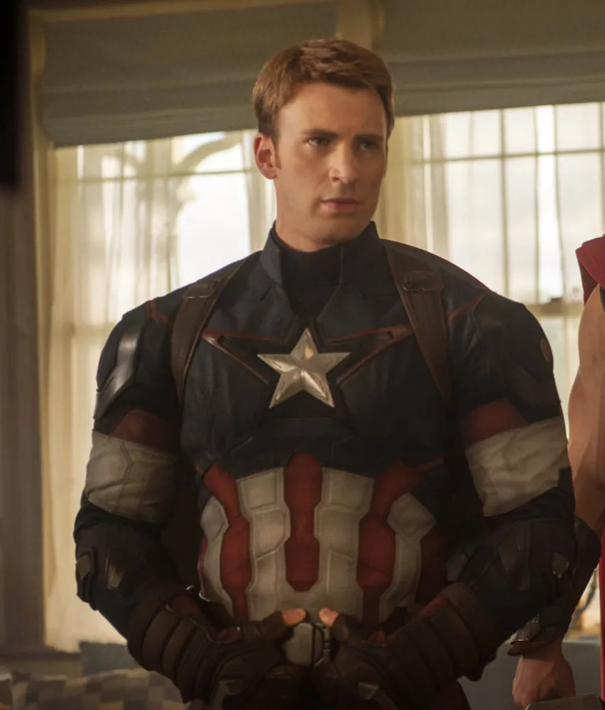 Capitão América, segurando seu escudo de Vibranium, com uma expressão determinada e nobre.