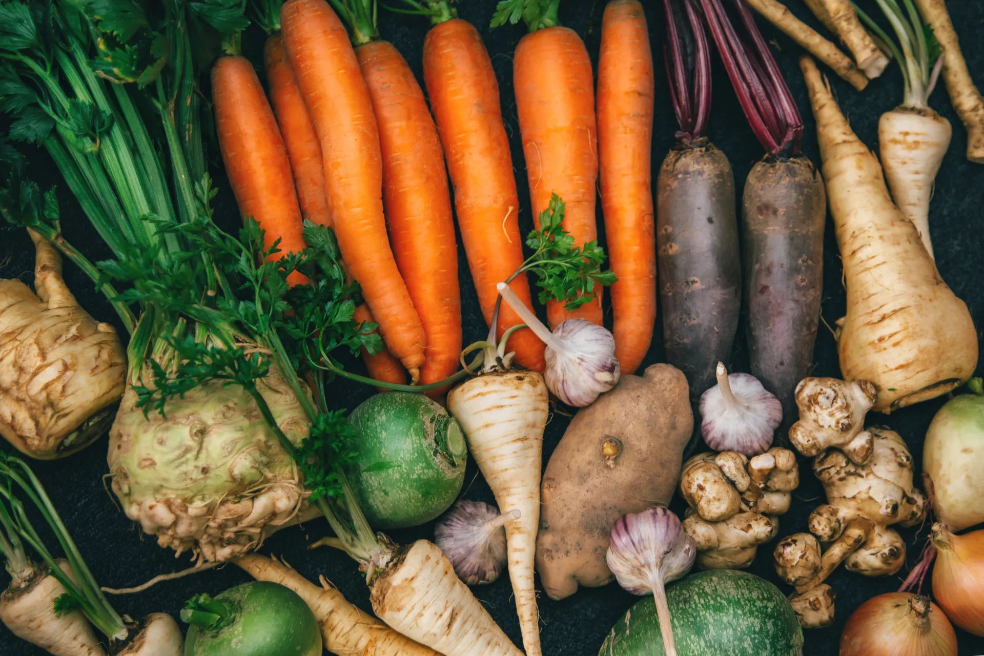 Variedade de vegetais de raiz, como batata, cenoura e beterraba.