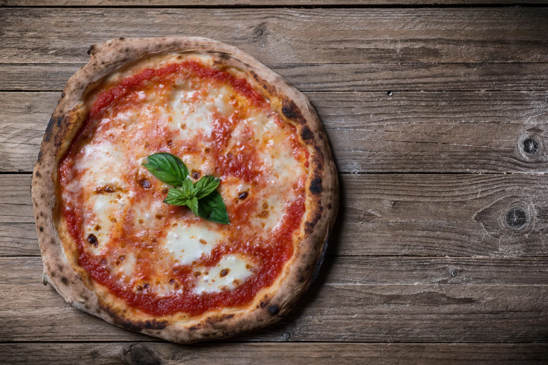 Pizza margherita clássica, com molho de tomate, mussarela e folhas de manjericão.