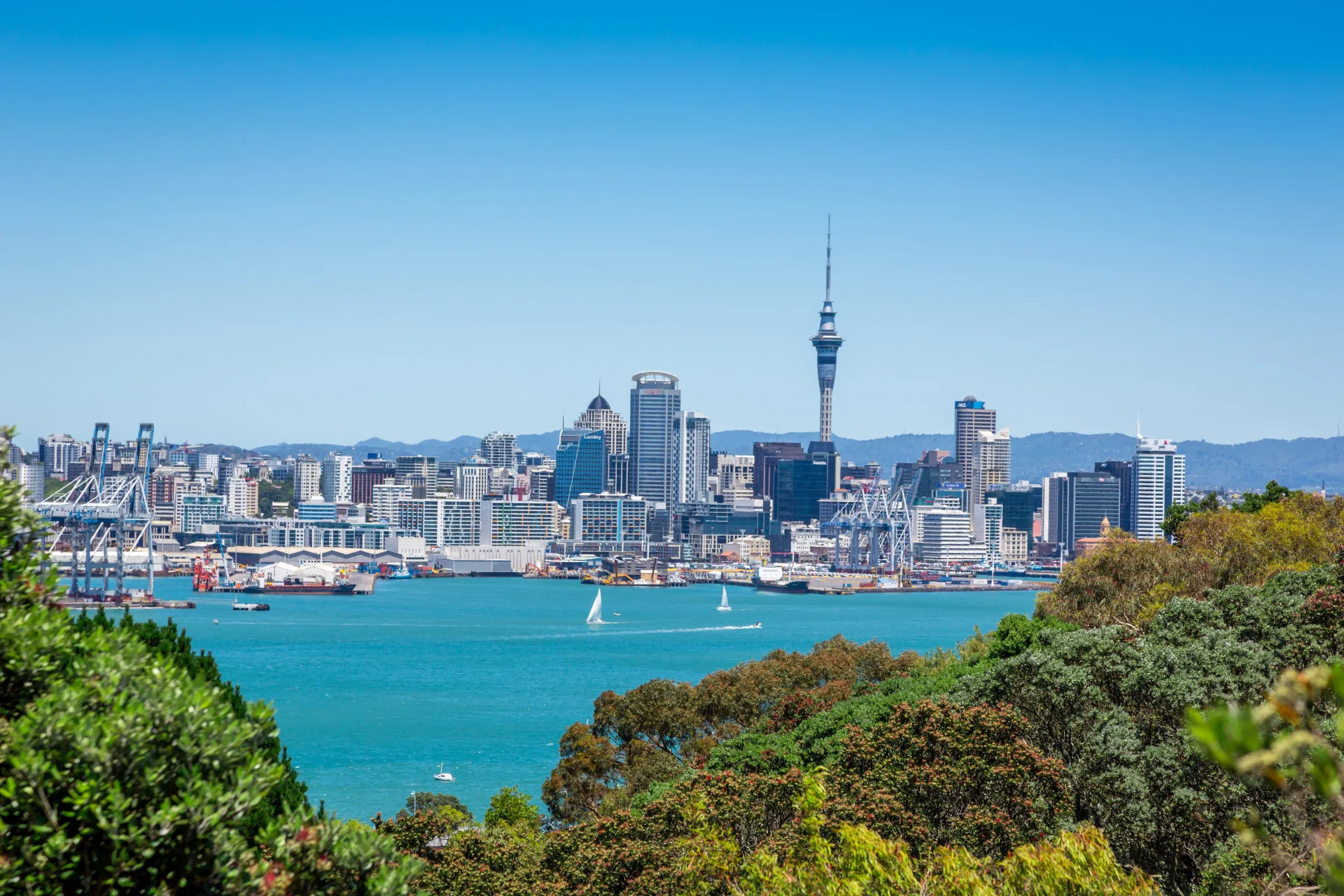 Vista do skyline de Auckland, na Nova Zelândia, com a Sky Tower em destaque.