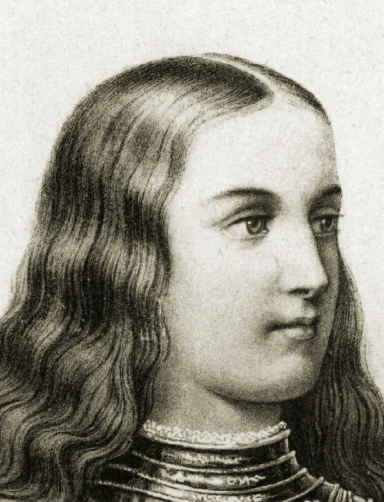Retrato de Joana d'Arc, a jovem camponesa francesa que se tornou uma heroína militar.