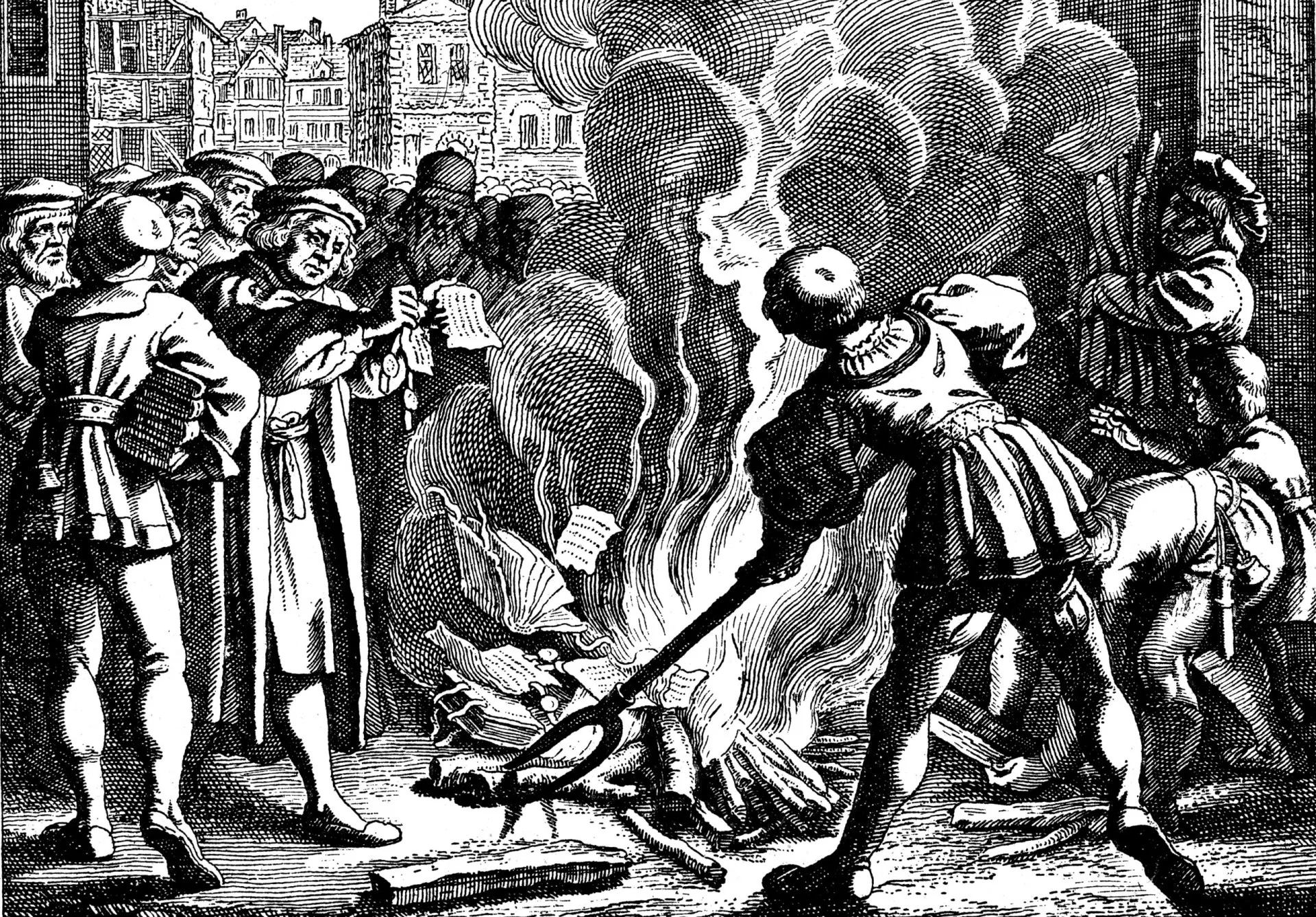 Pintura dramática de Martinho Lutero queimando a bula papal em um ato de desafio.
