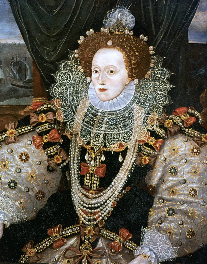 Retrato da Rainha Elizabeth I em toda a sua glória, com vestes e joias elaboradas.